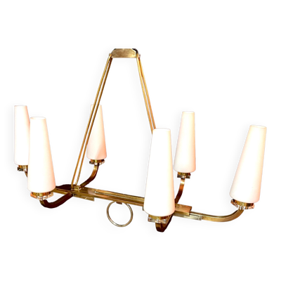 Lustre bronze certifié Maison Lunel six opalines coniques, France mid-century