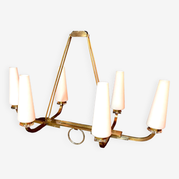 Maison Lunel certified bronze chandelier, six conical opalines, mid-century France