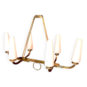 Maison Lunel certified bronze chandelier, six conical opalines, mid-century France