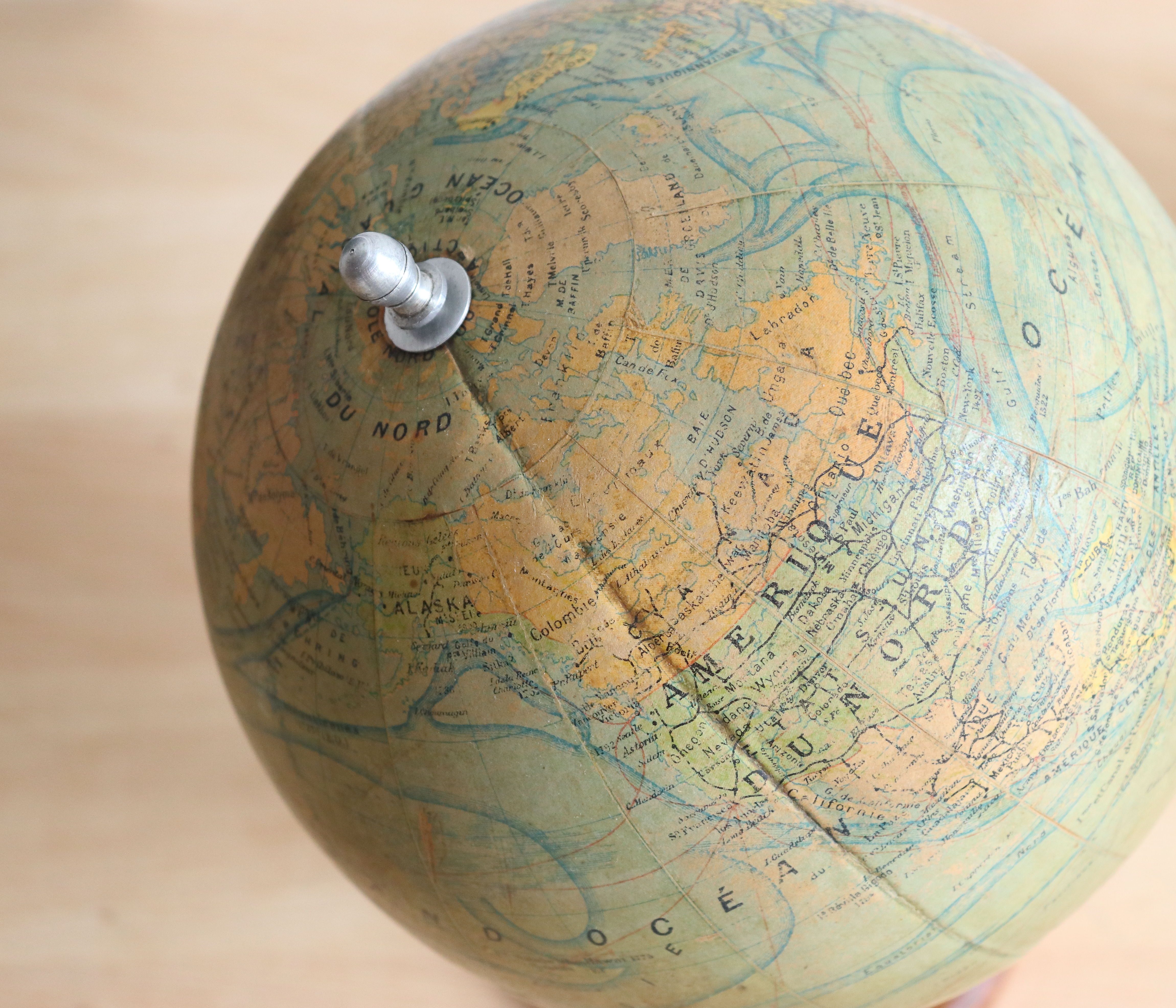 Globe world map J. Forest for Girard Barrère and Thomas on wooden base, 50s