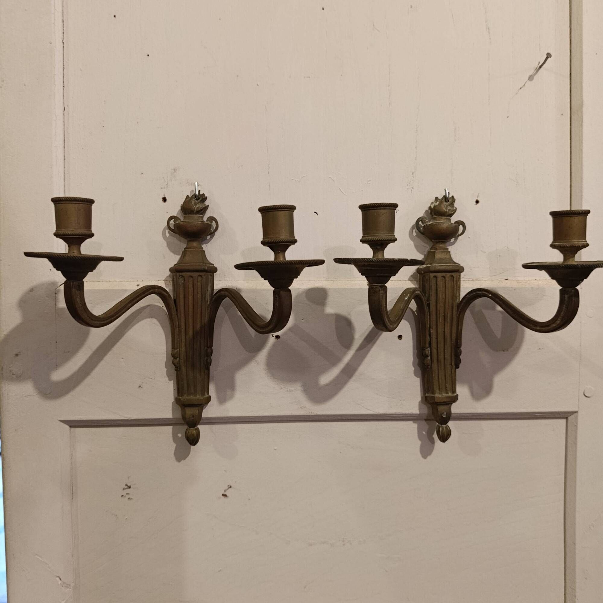 Pair of French bronze wall sconces, Louis XVI Neoclassical style, two-arm s