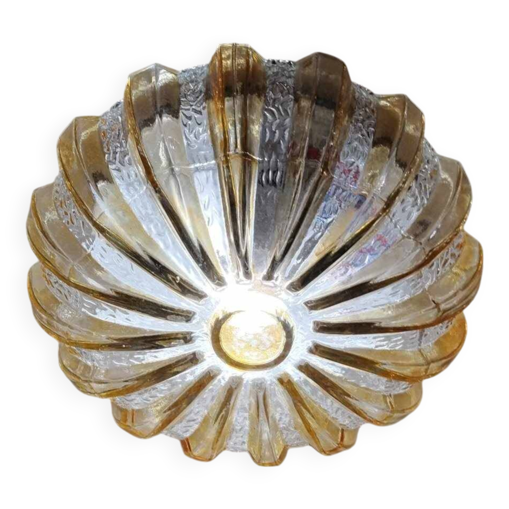 70s round ceiling light in pressed molded glass