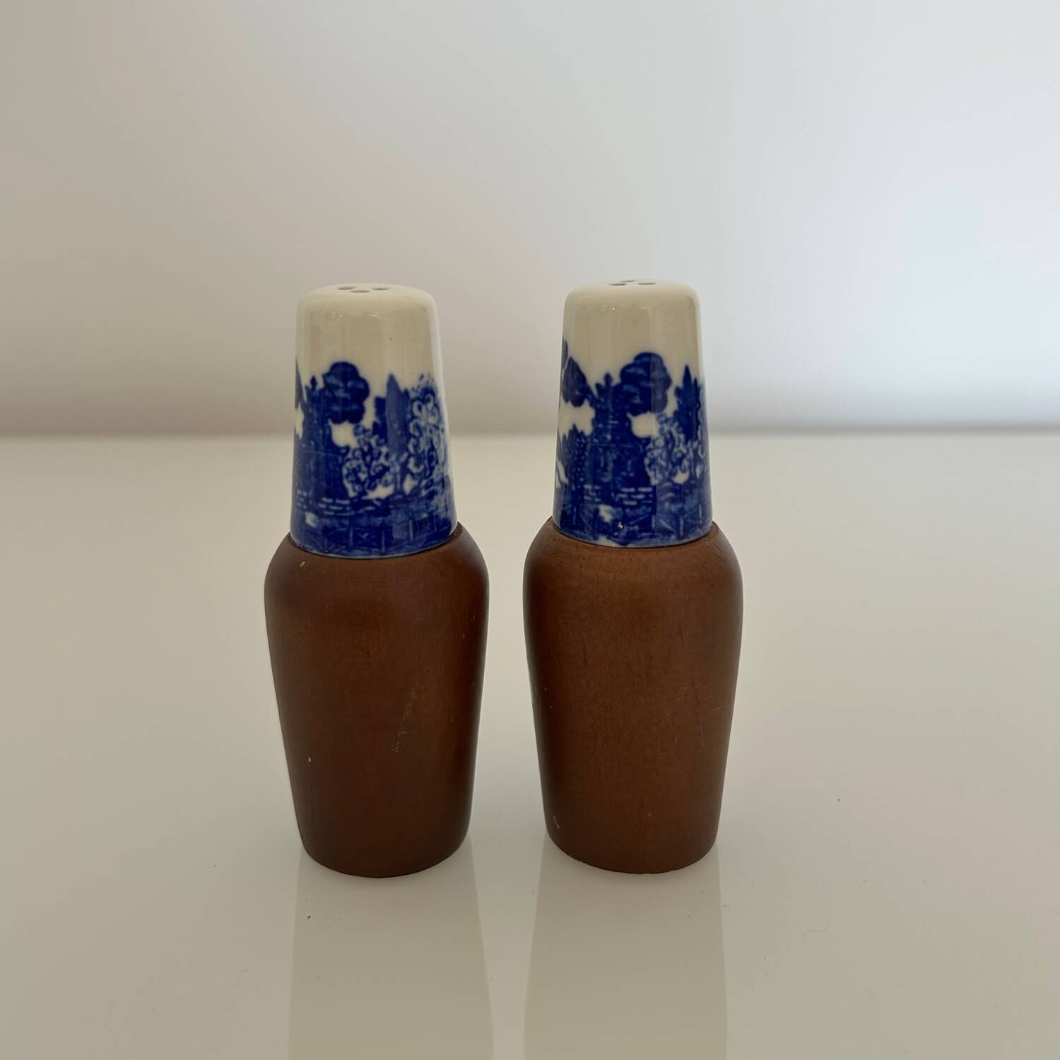 Salt and pepper shaker with blue decoration.
