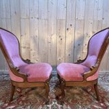 Pair of Louis Philippe armchairs in walnut and pink velvet.