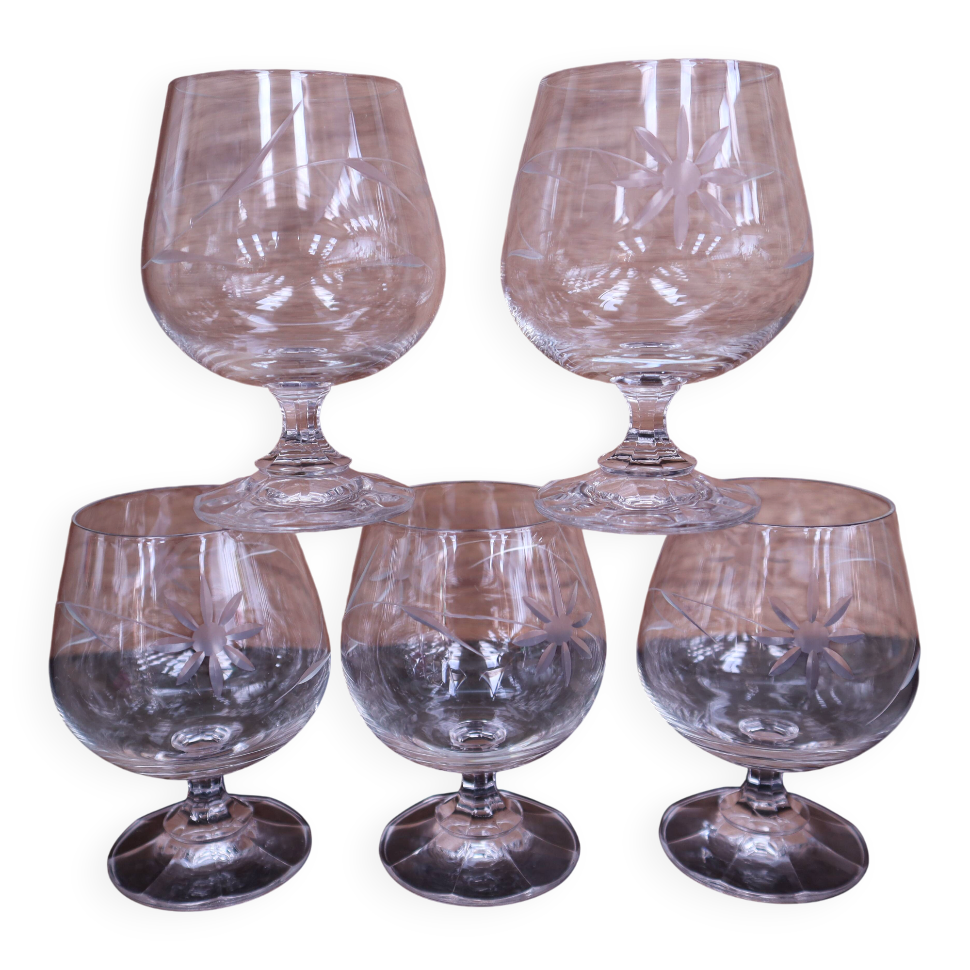 5 engraved vintage flower port glasses