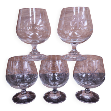 5 verres à porto gravé fleurs vintage