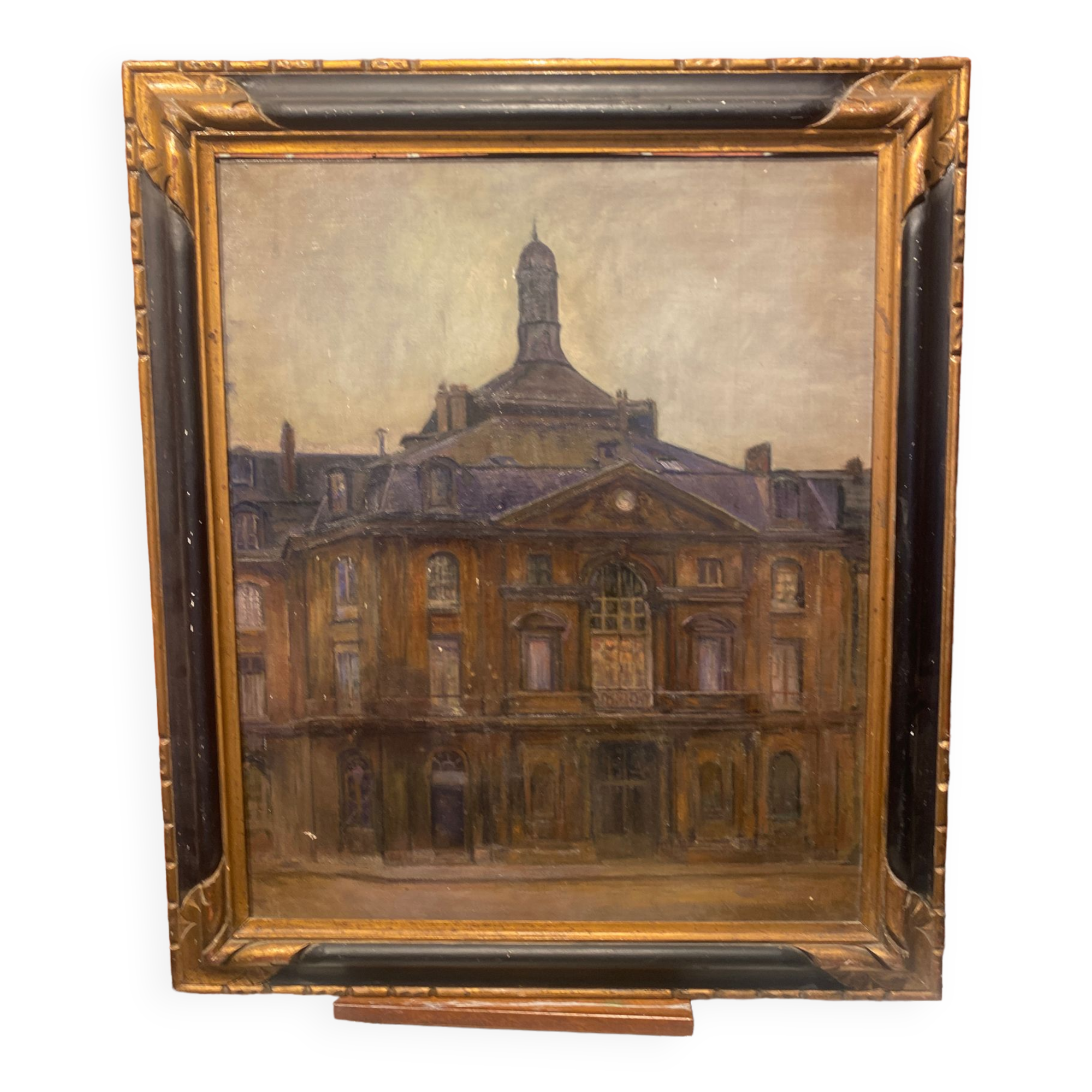 Oil on canvas framed bell tower of a cathedral