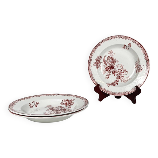 Set de 3 assiettes creuses ''Fontange'', Sarreguemines, rouge, XIXe