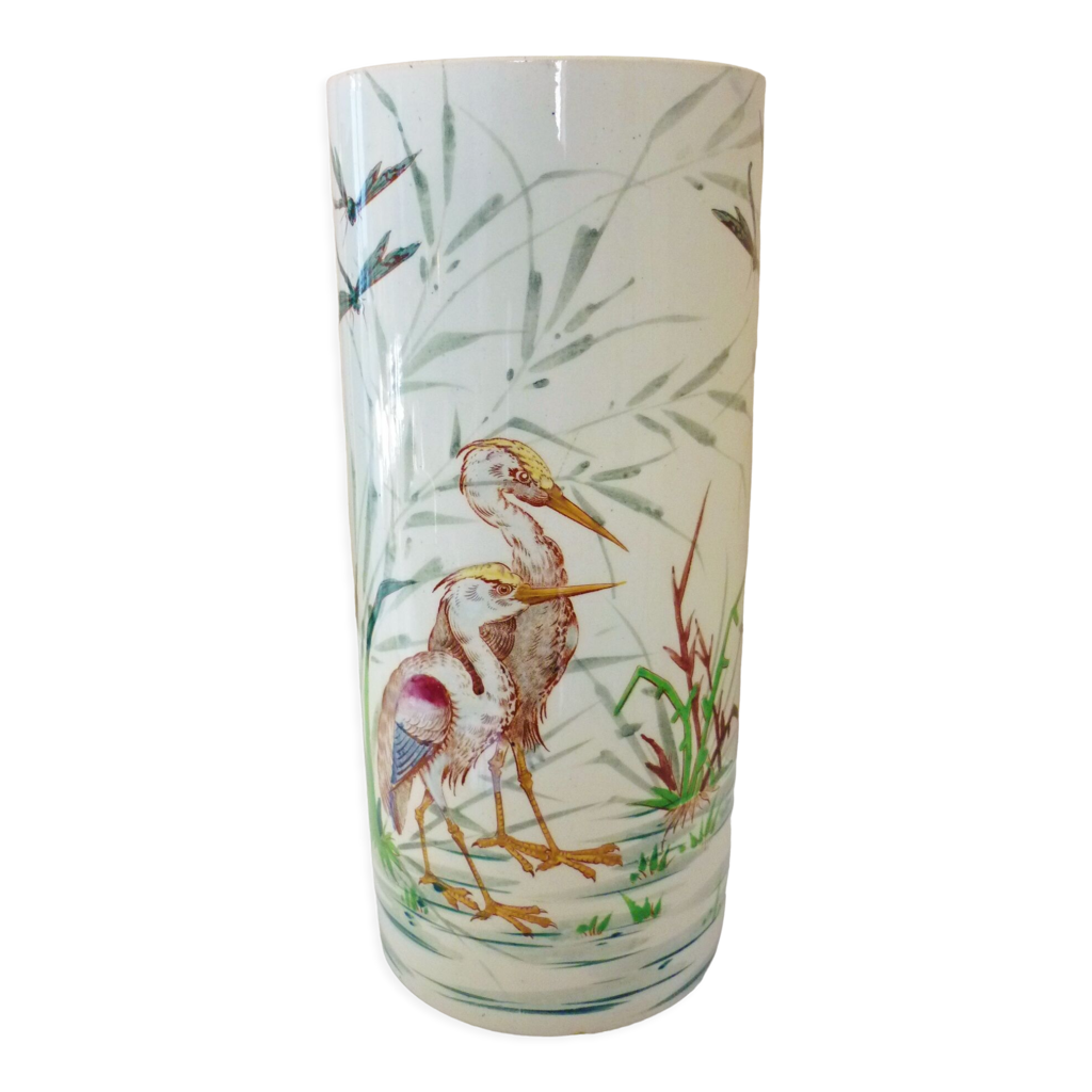 Vase rouleau XIXème siècle art nouveau Keller & Guérin Lunéville, hérons, iris Selency