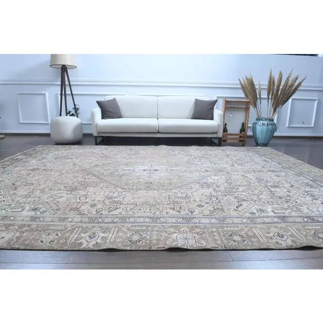 1970s Vintage Persian Handmade Wool Cotton Light Brown Area Rug 261x364