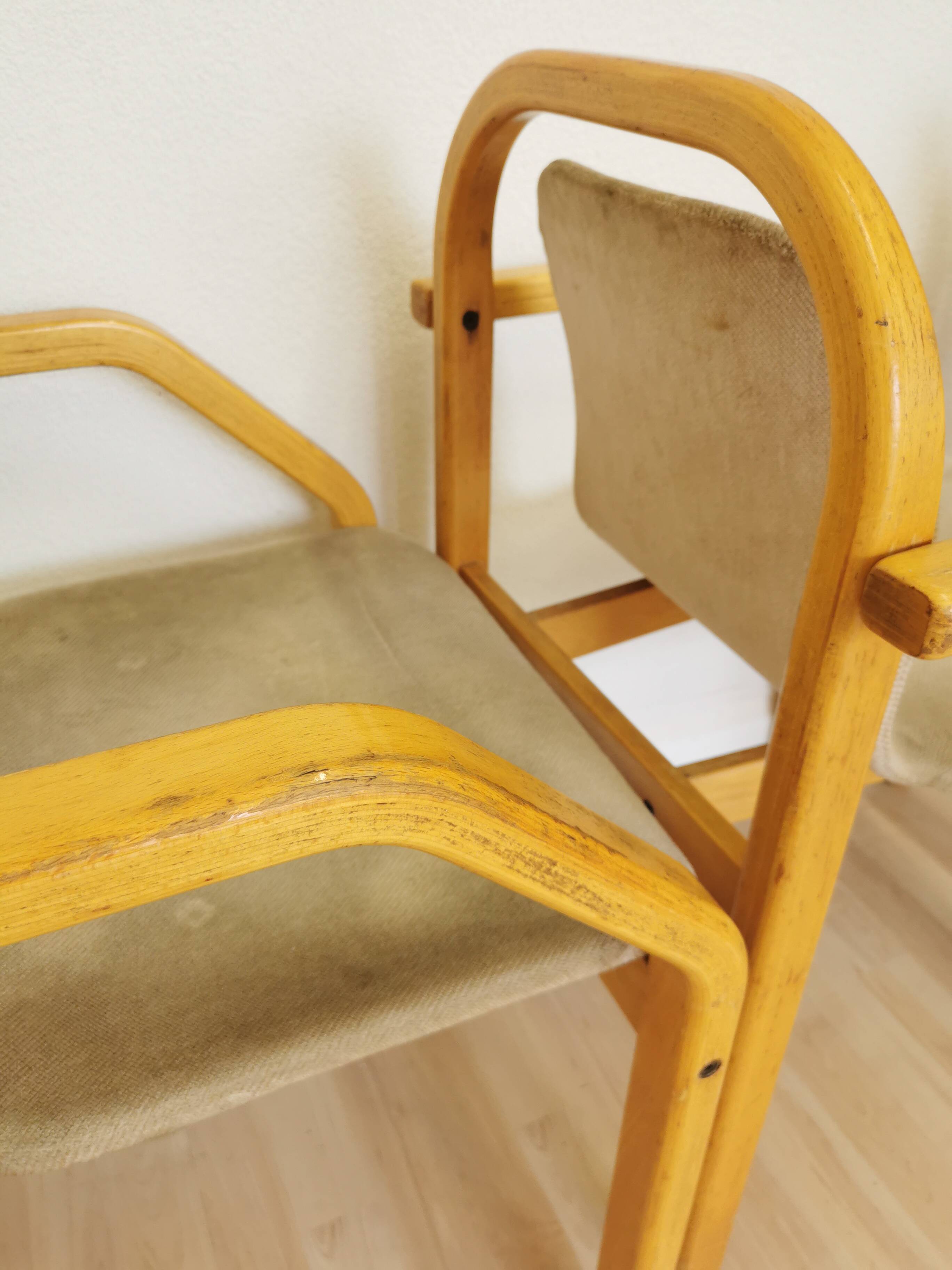 Set of 4 Vintage Beech Wood Dining Chairs: 1970s Space Age Gray Fabric