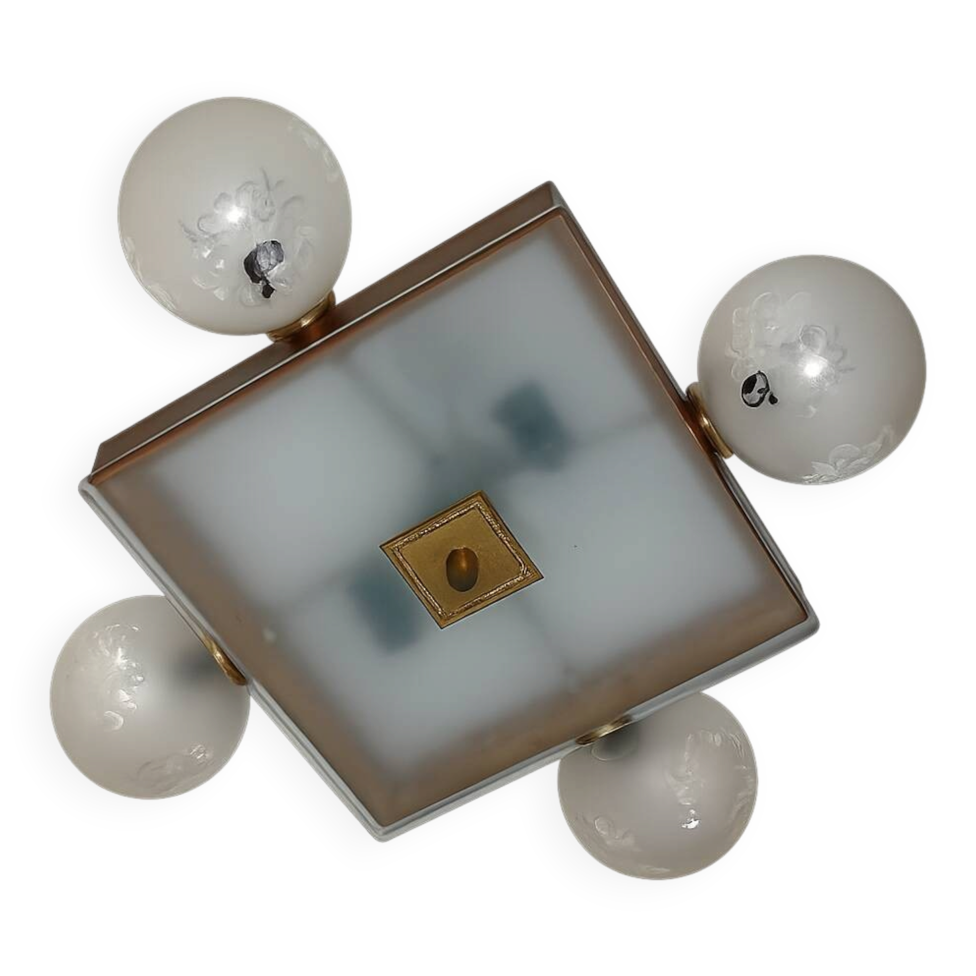 Mid-century vintage chandelier, 1950s, brass, wood and frosted glass, 4x E1