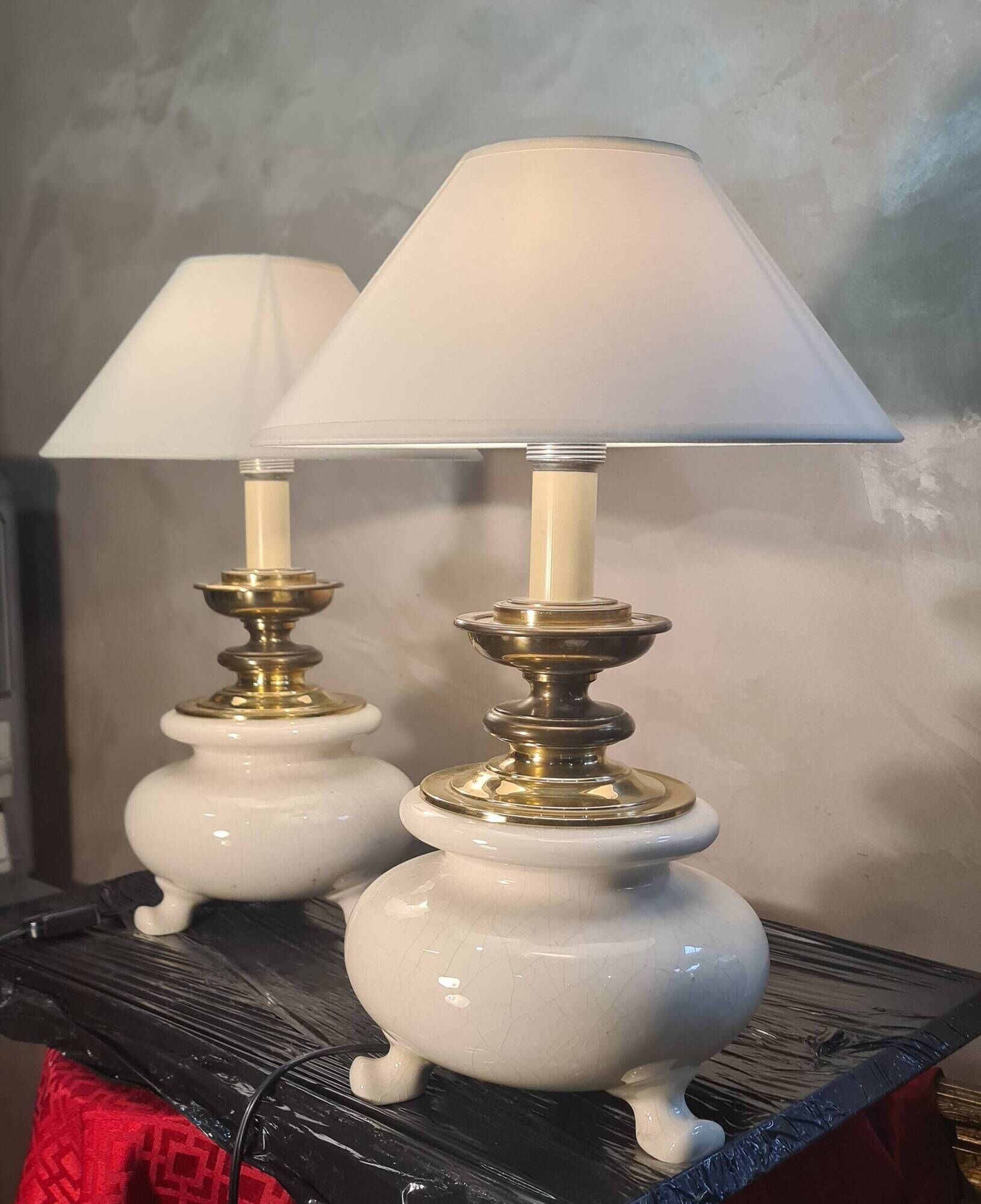 pair of table or bedside lamps in white ceramic with brass tripod 45x3