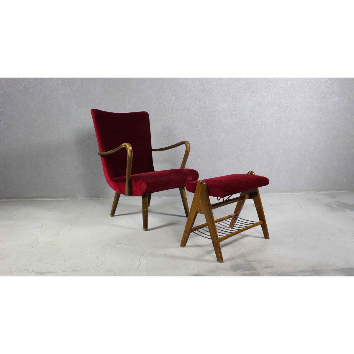 Velvet armchair with footstool, Denmark 1950s