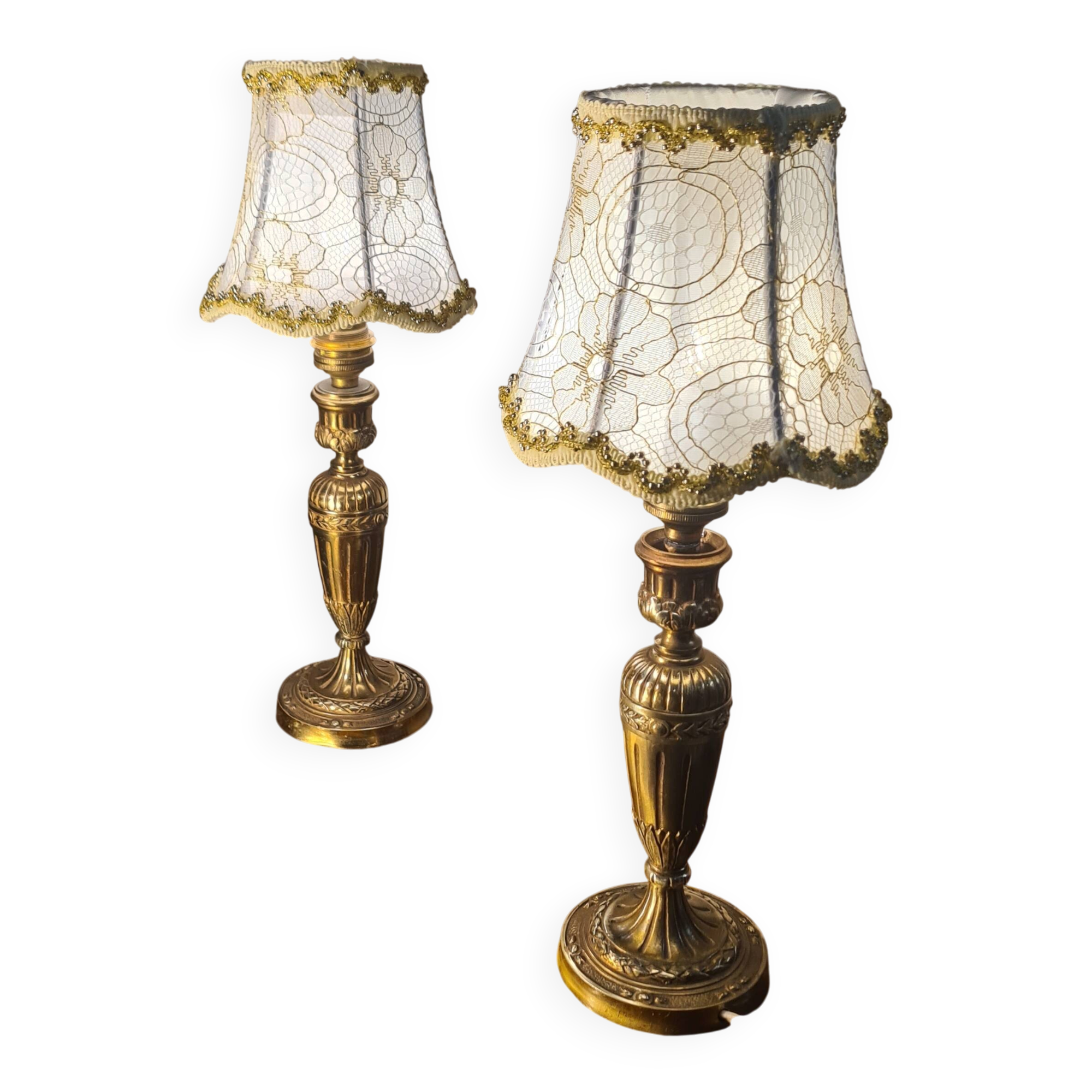 pair of Empire brass bedside lamps 34x14 electric working embroidered lampshade very beautiful