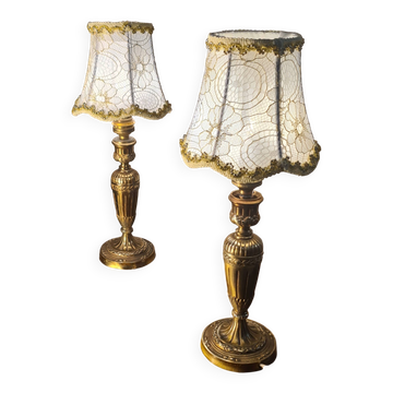 pair of Empire brass bedside lamps 34x14 electric working embroidered lampshade very beautiful