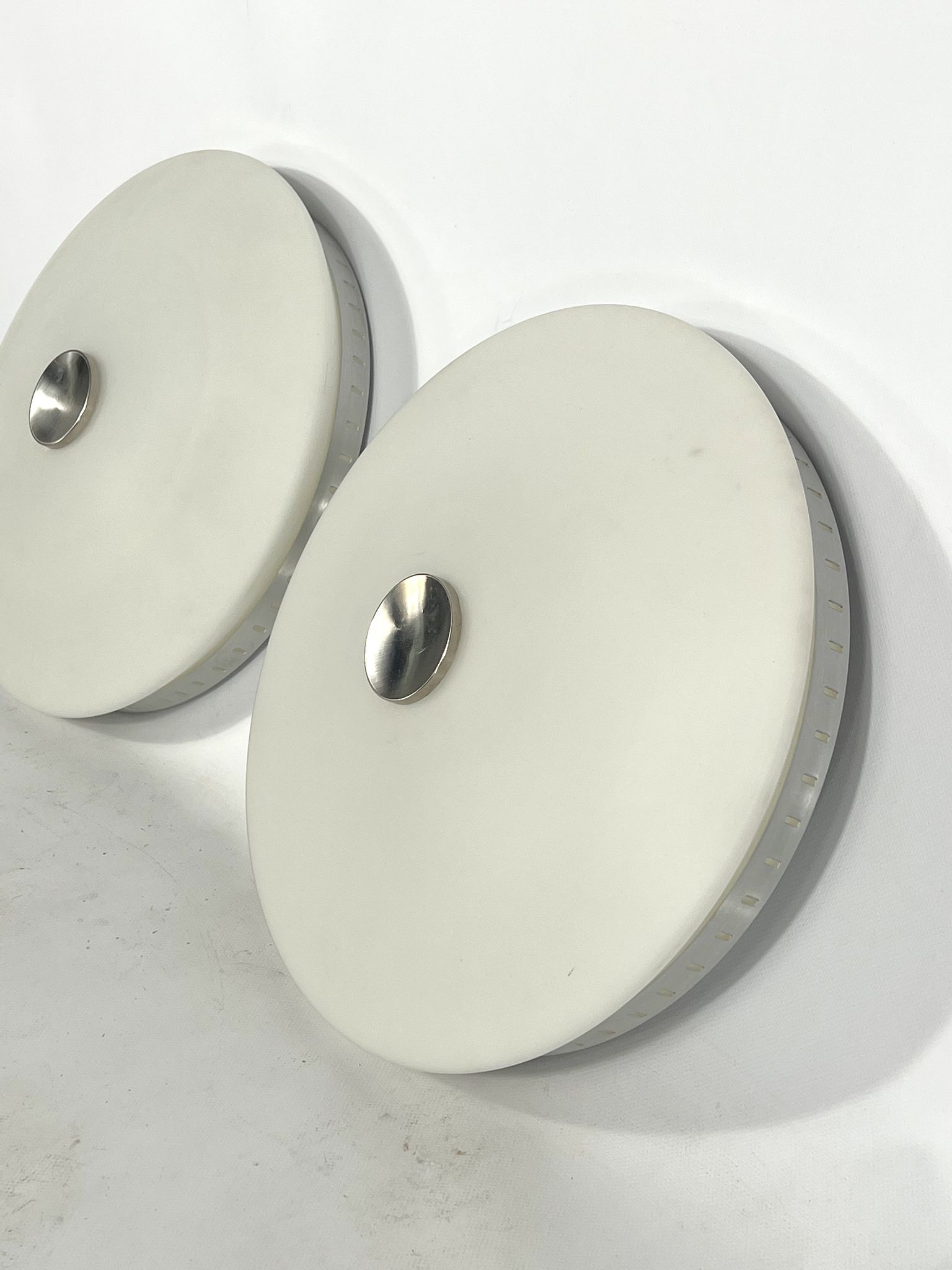 Stilux Milano, pair of round opaline glass ceiling lamps. 1960s