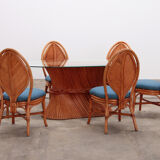 Bohemian bamboo mcguire dining table set with 6 palm leaf chairs, 1960 france.