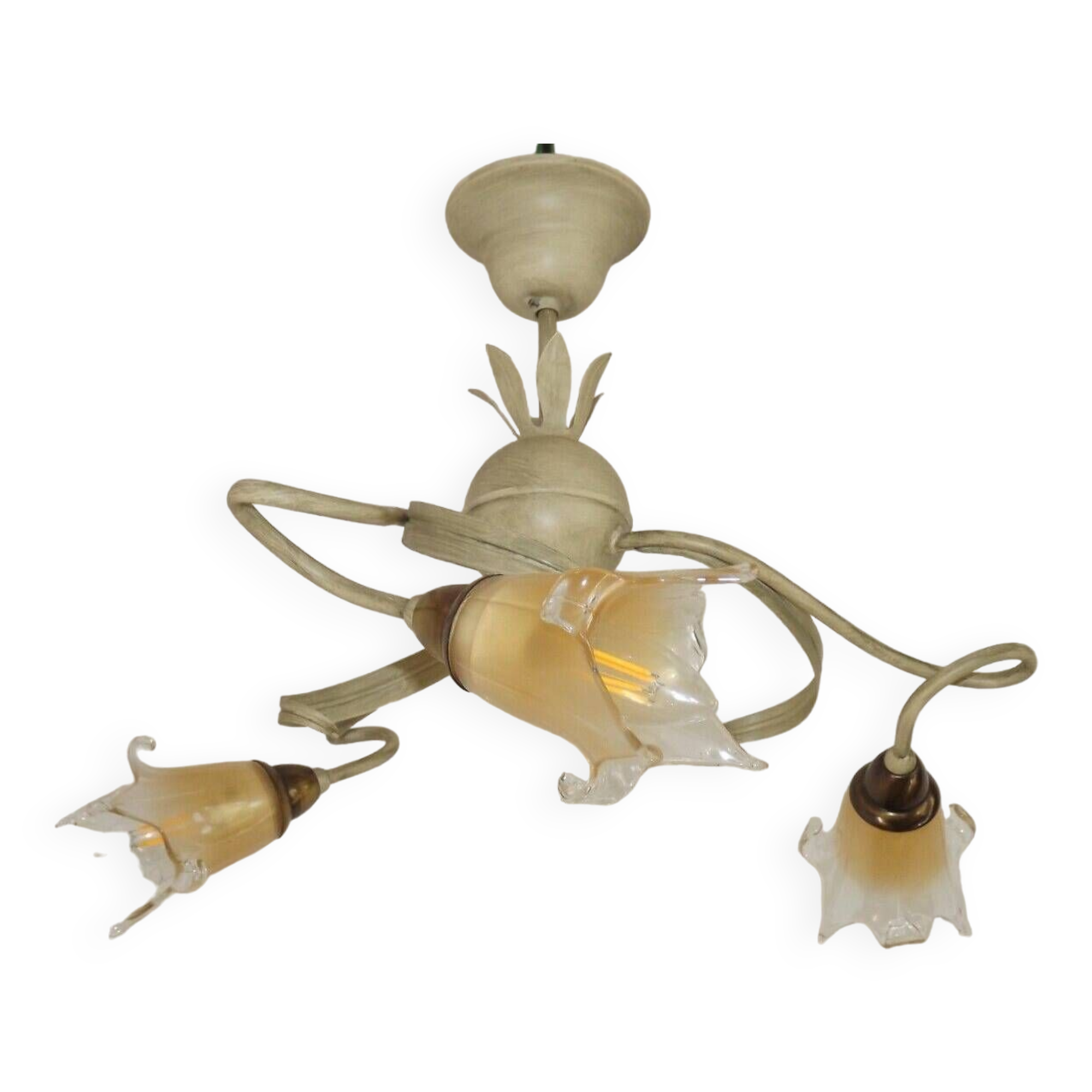 Stunning Italian Vintage 3 Light Tole Chandelier with Blown Glass Shades 4646