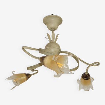 Stunning Italian Vintage 3 Light Tole Chandelier With Blown Glass Shades 4646