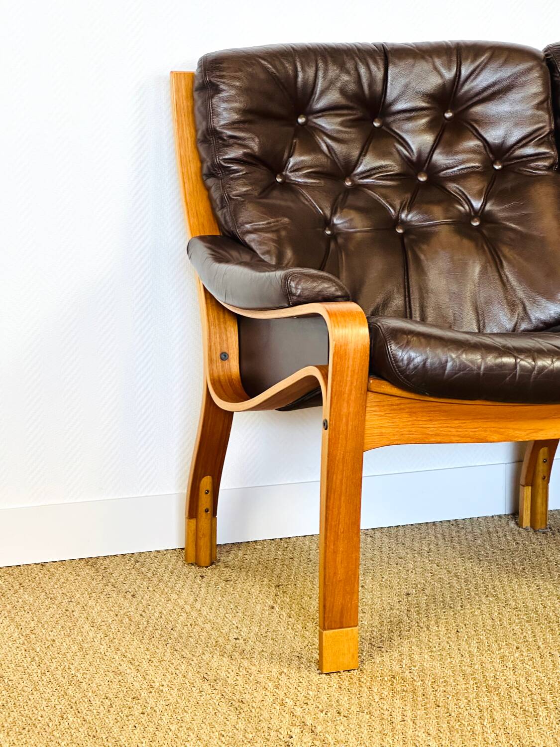 Scandinavian leather and teak bench from the 1960s.
