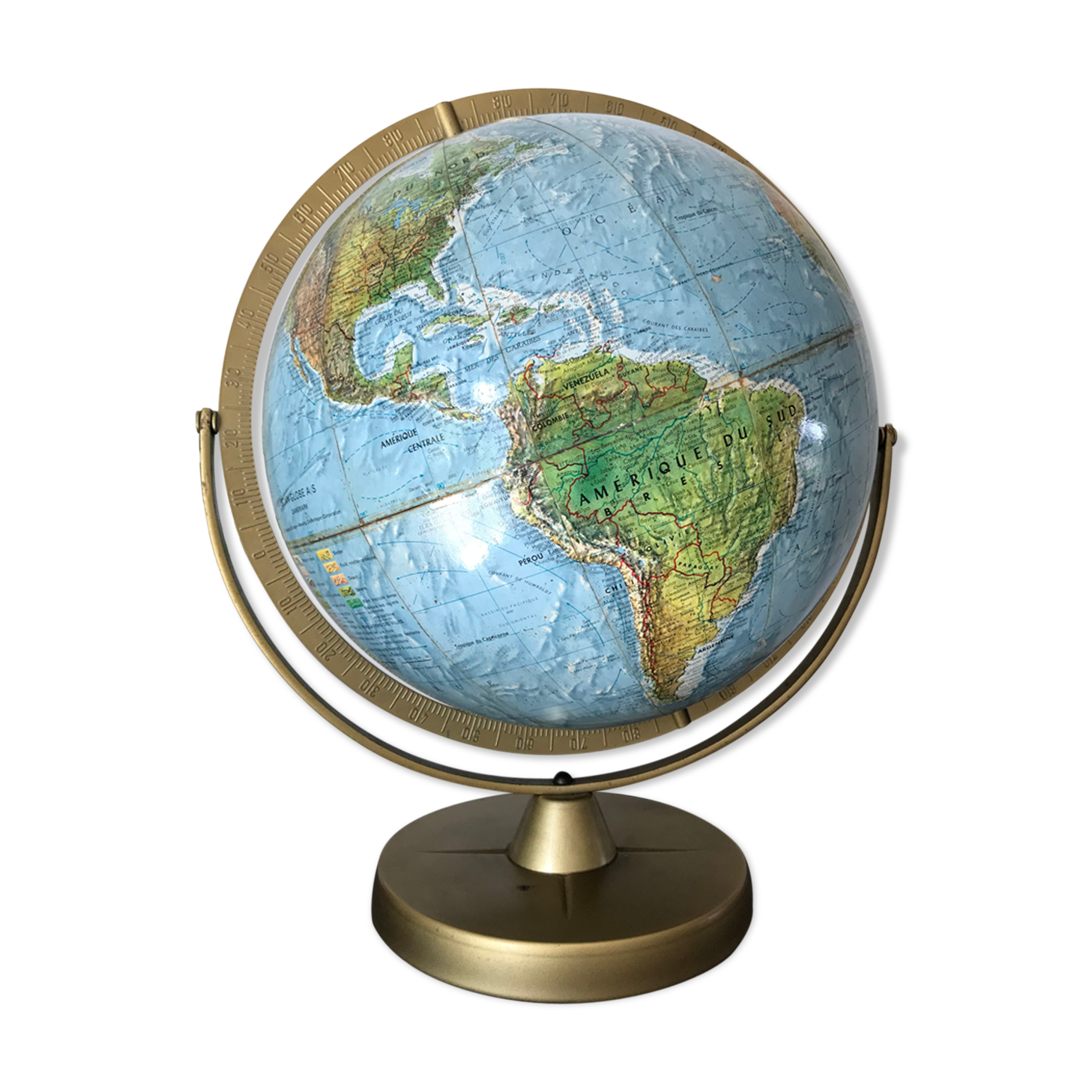 Globe Earth Scanglobe 1960 in relief, paper map and brass footing