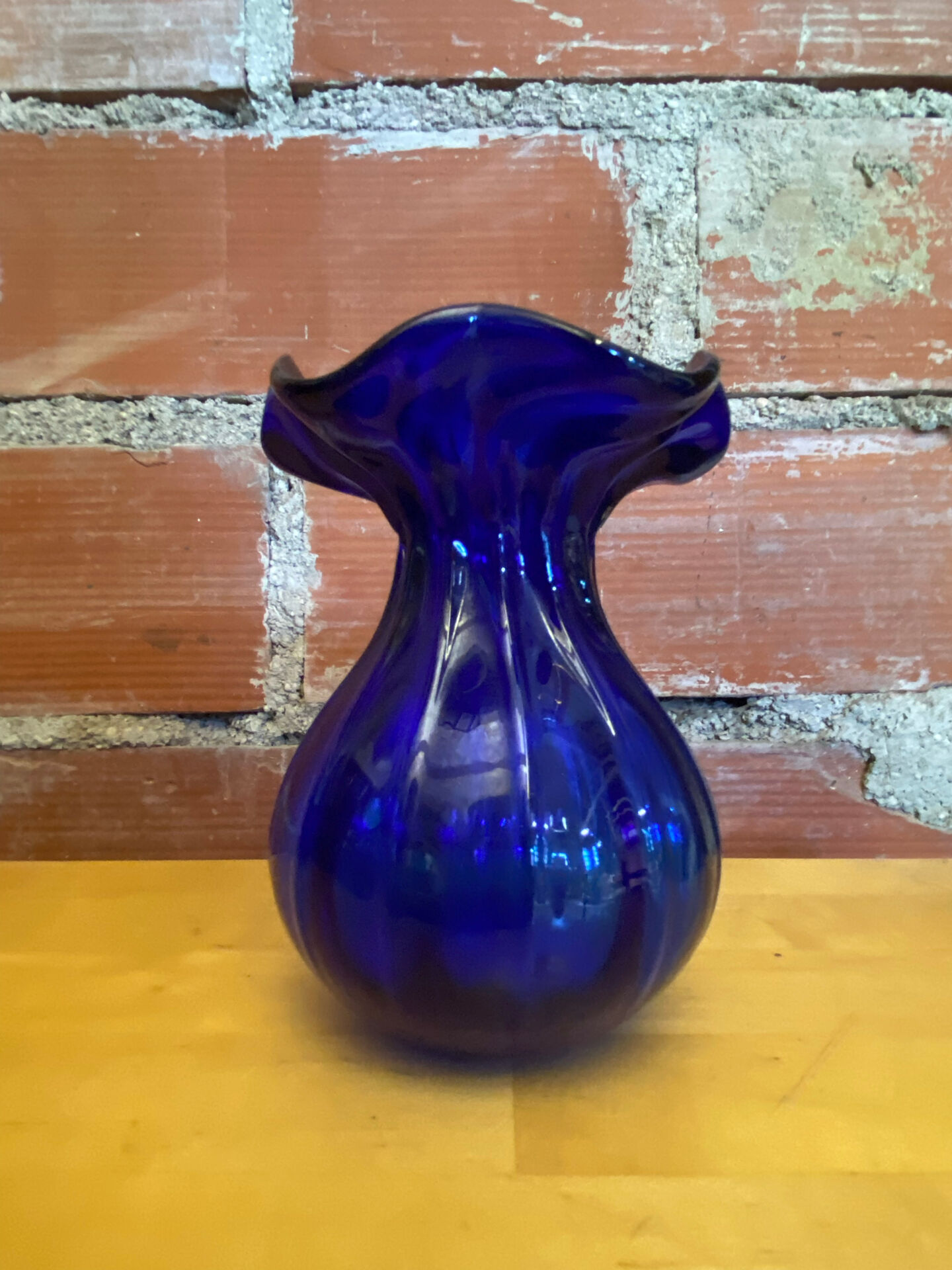 Vintage Cobalt Blue Glass Bowl Vase with Corolle Neck #E026