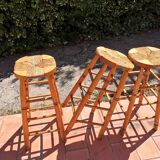 Set of 3 high “modernist” straw stools vintage 1950s
