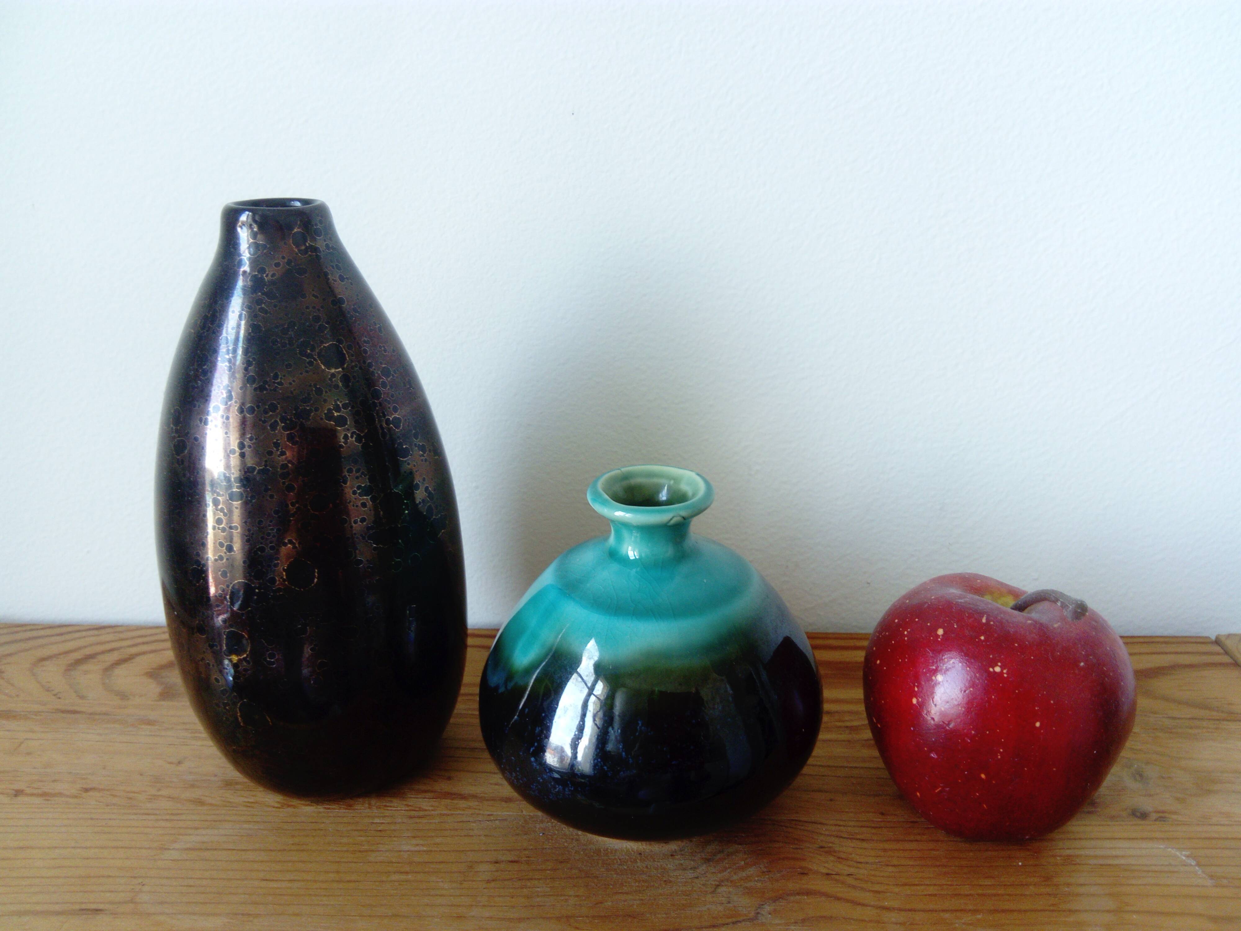 Small brown and turquoise ceramic vase