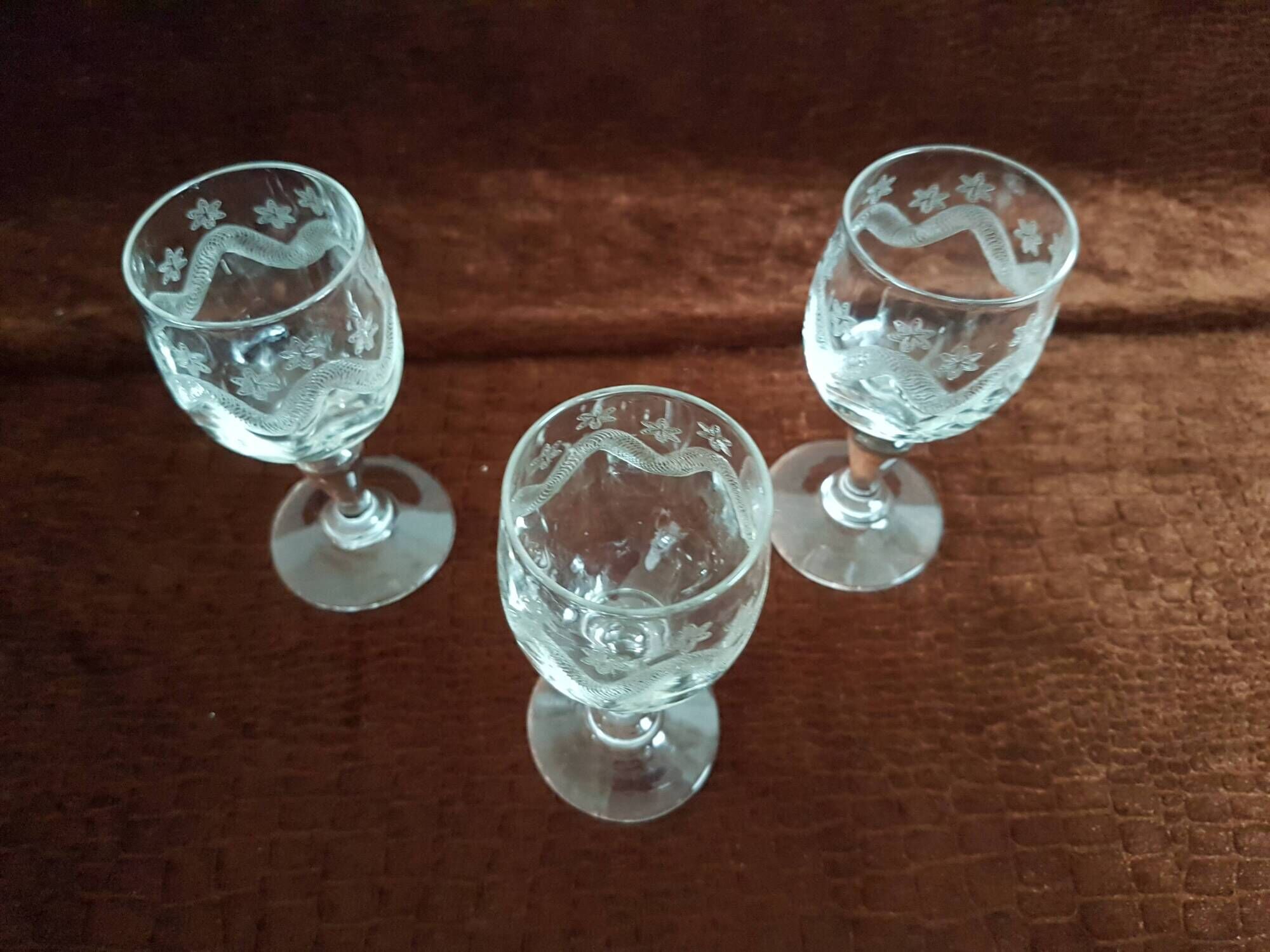 3 small crystal walking glasses fine decoration- very good condition