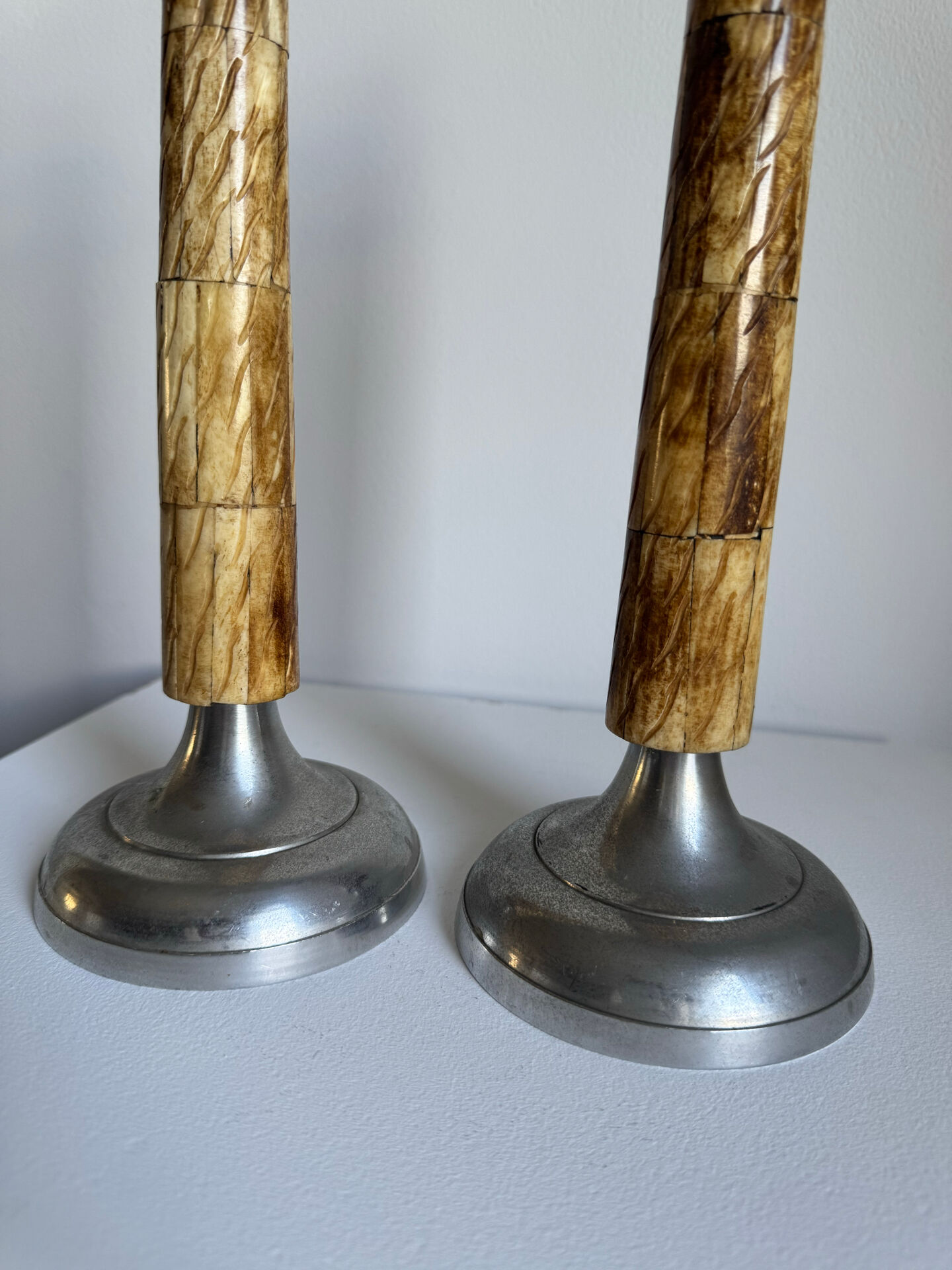 A Pair Of Vintage Mid Century Modern Metal With Faux Bone Candle Holde