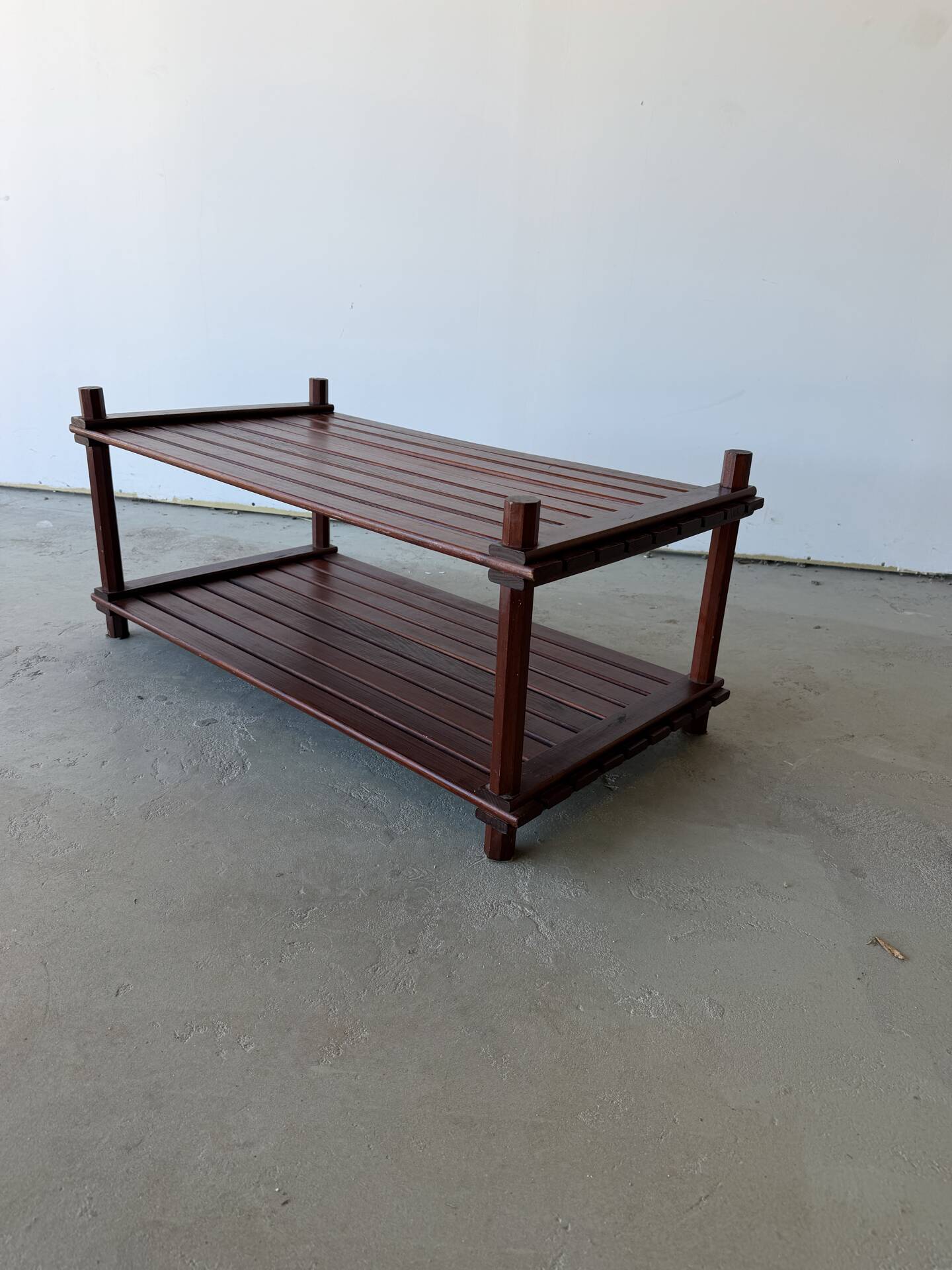 Pine slatted coffee table in vintage 1970s Scandinavian design.