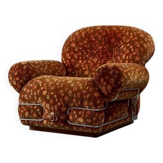 Italian, Pouffe Armchair in Flower Pattern with Chrome Details