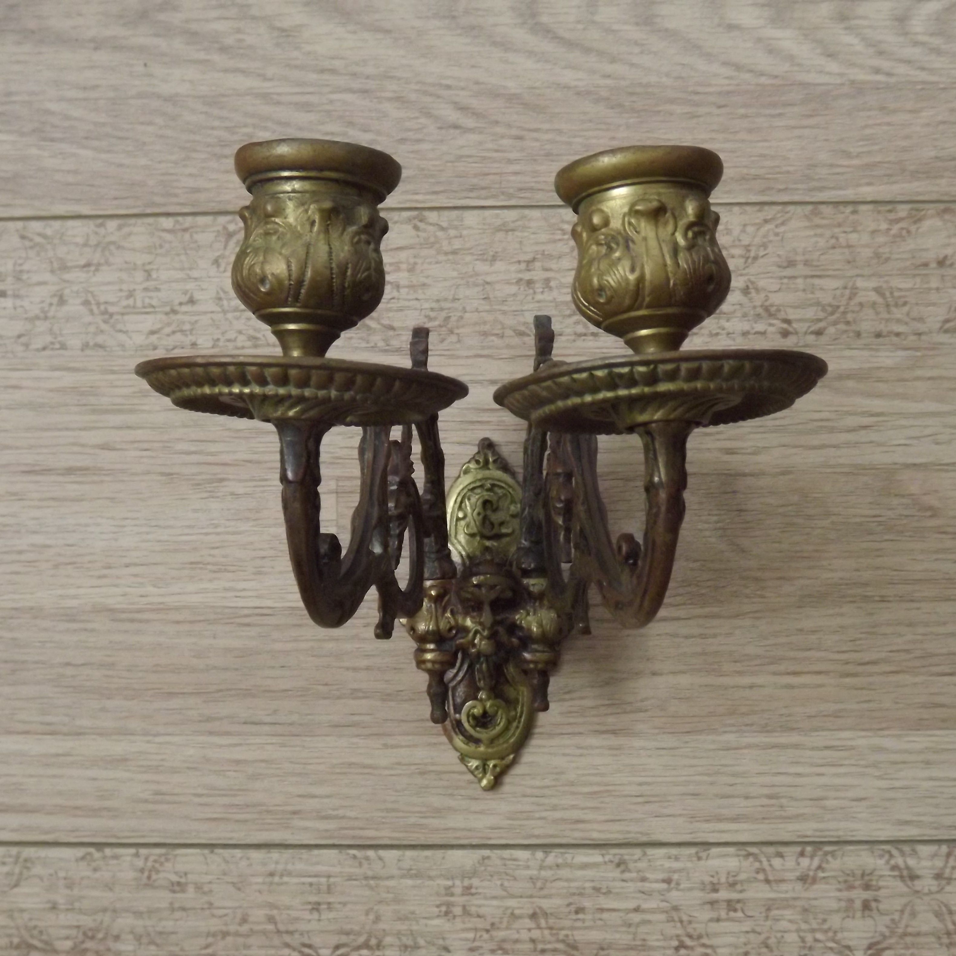 Antique French Gothic Dragon Bronze Double Piano Sconce Signed L. Pinet