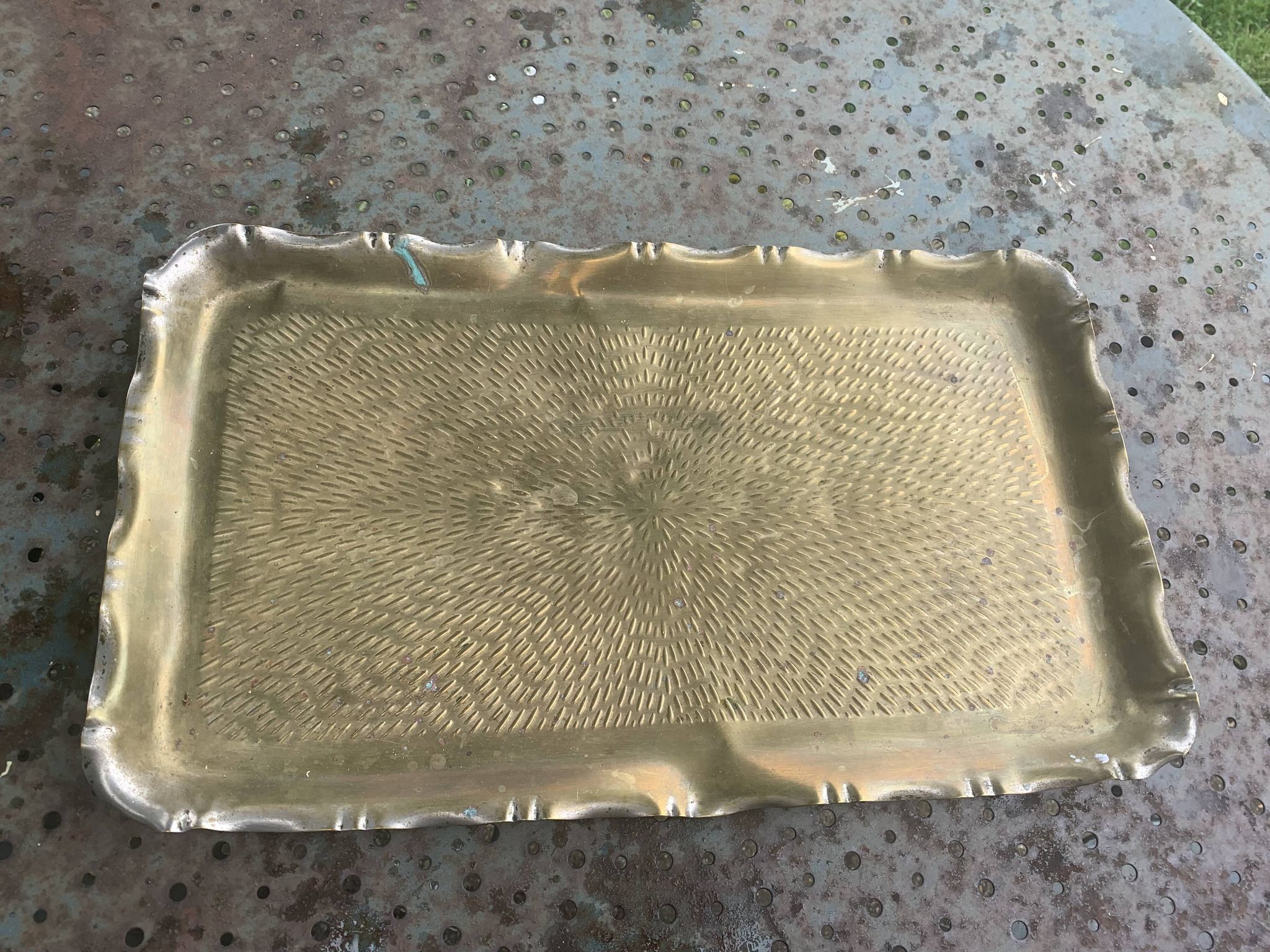 Large rectangular tray in vintage, artisanal and oriental hammered metal