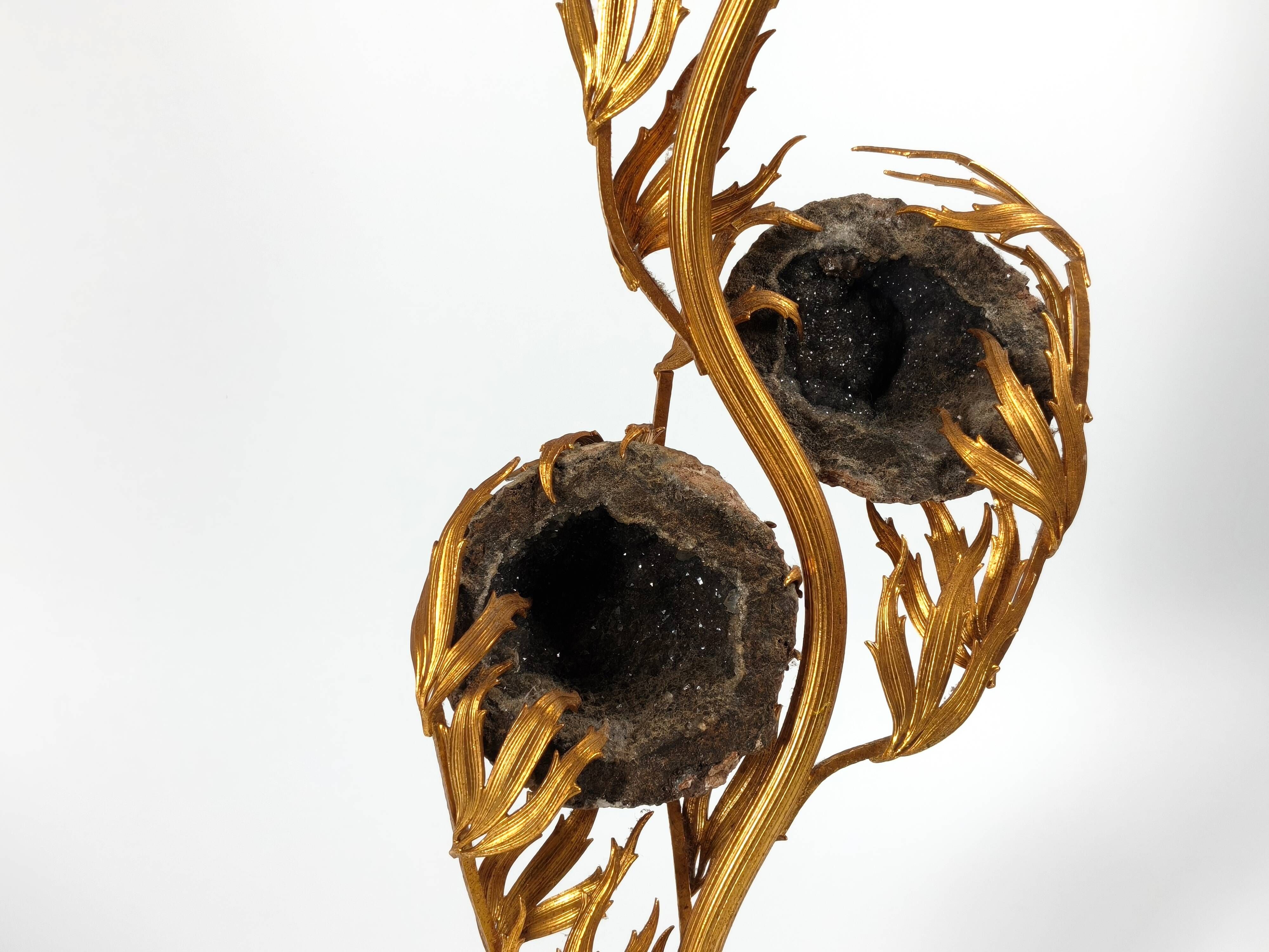 Sculptural lamp in gilded brass and geodes, 1970s