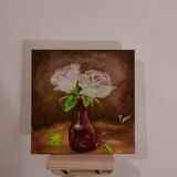 Huile sur toile fleurs dans un vase rouge