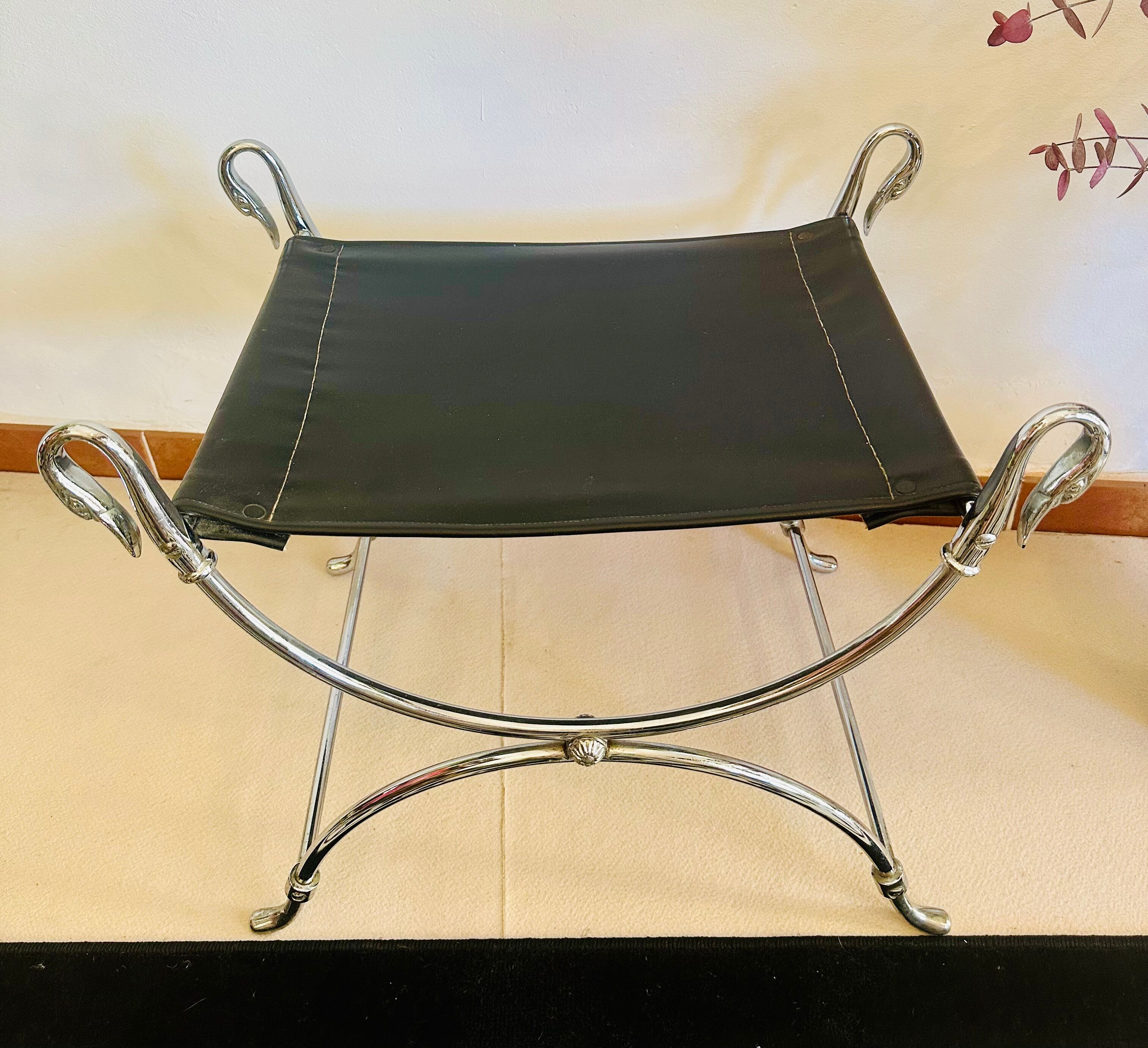 Curule Stool Maison Jansen in Chrome Steel and Black Leather