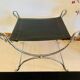 Curule Stool Maison Jansen in Chrome Steel and Black Leather