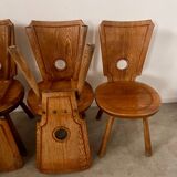 Set of 5 vintage 70s Brutalist design solid wood chairs