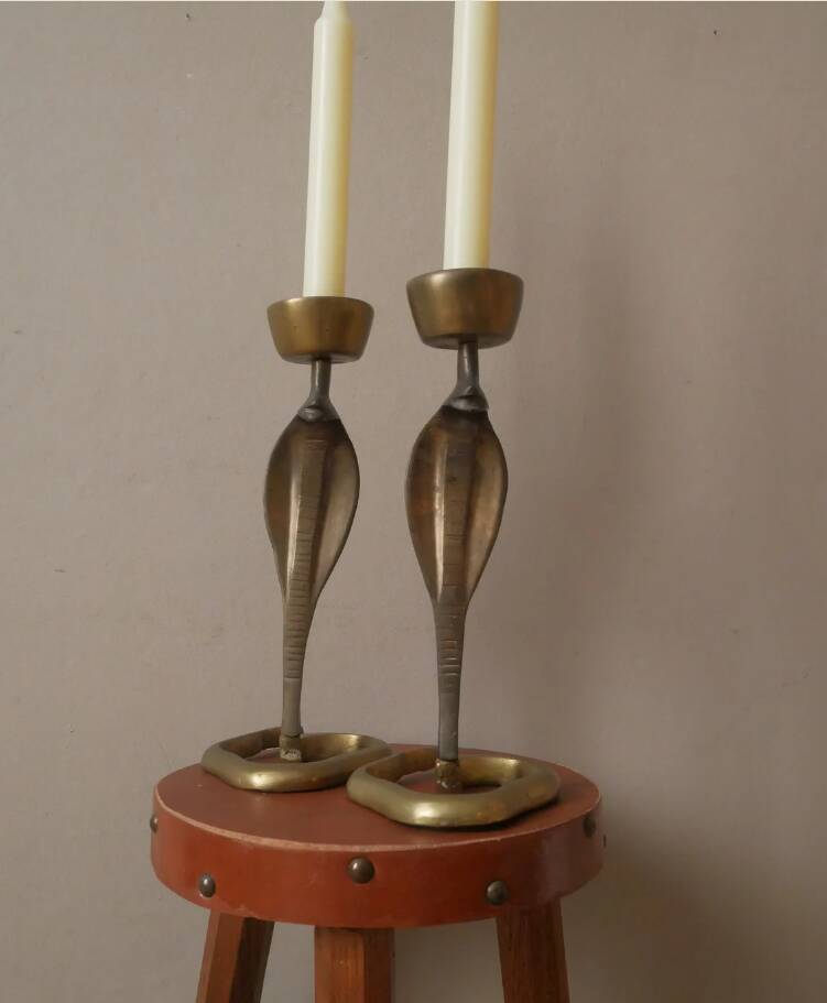 Pair of bronze cobra candlesticks, tribal ethnic decorative object, handcrafted