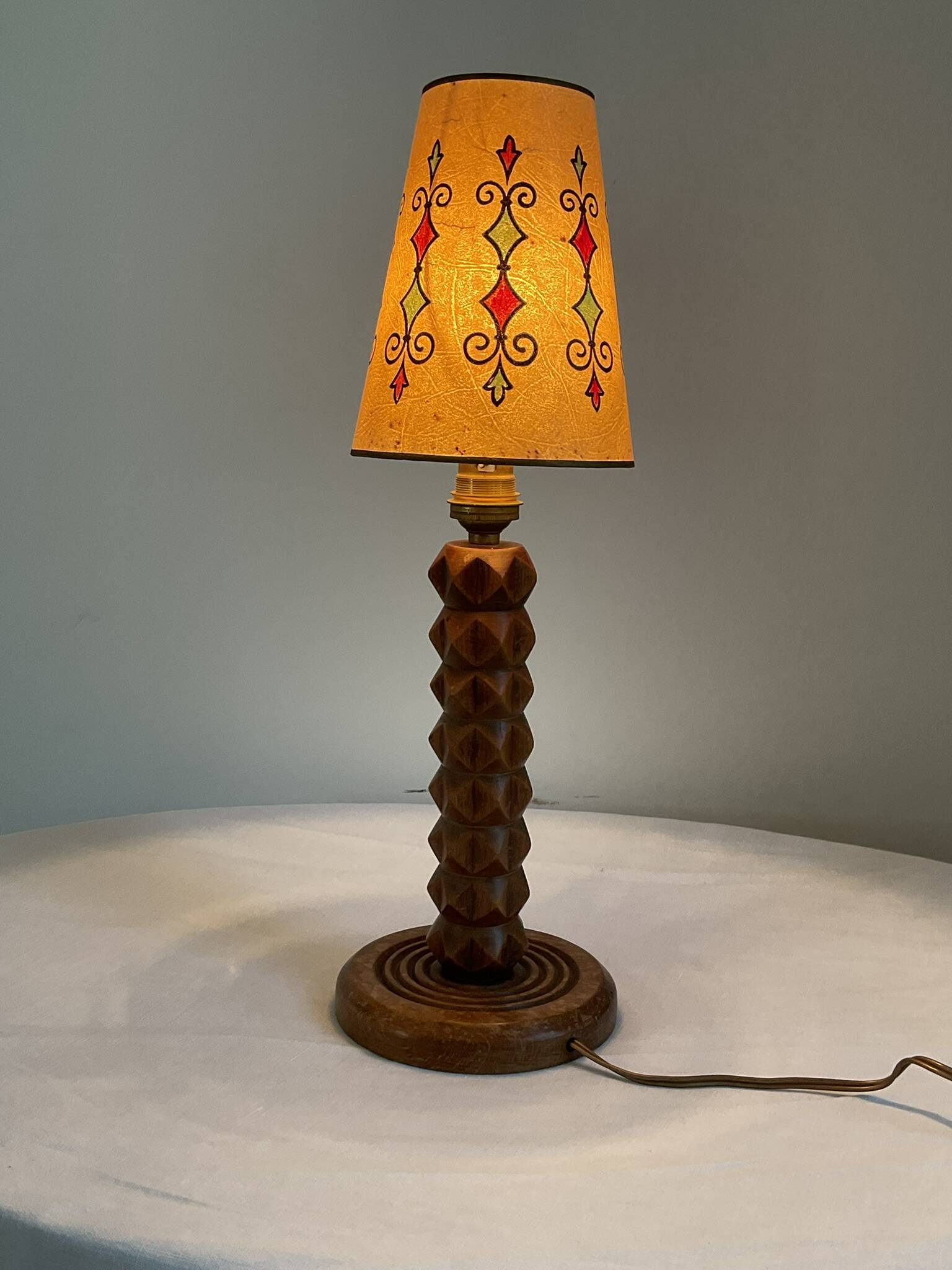 Vintage turned wooden lamp, in the style of Charles Dudouyt.