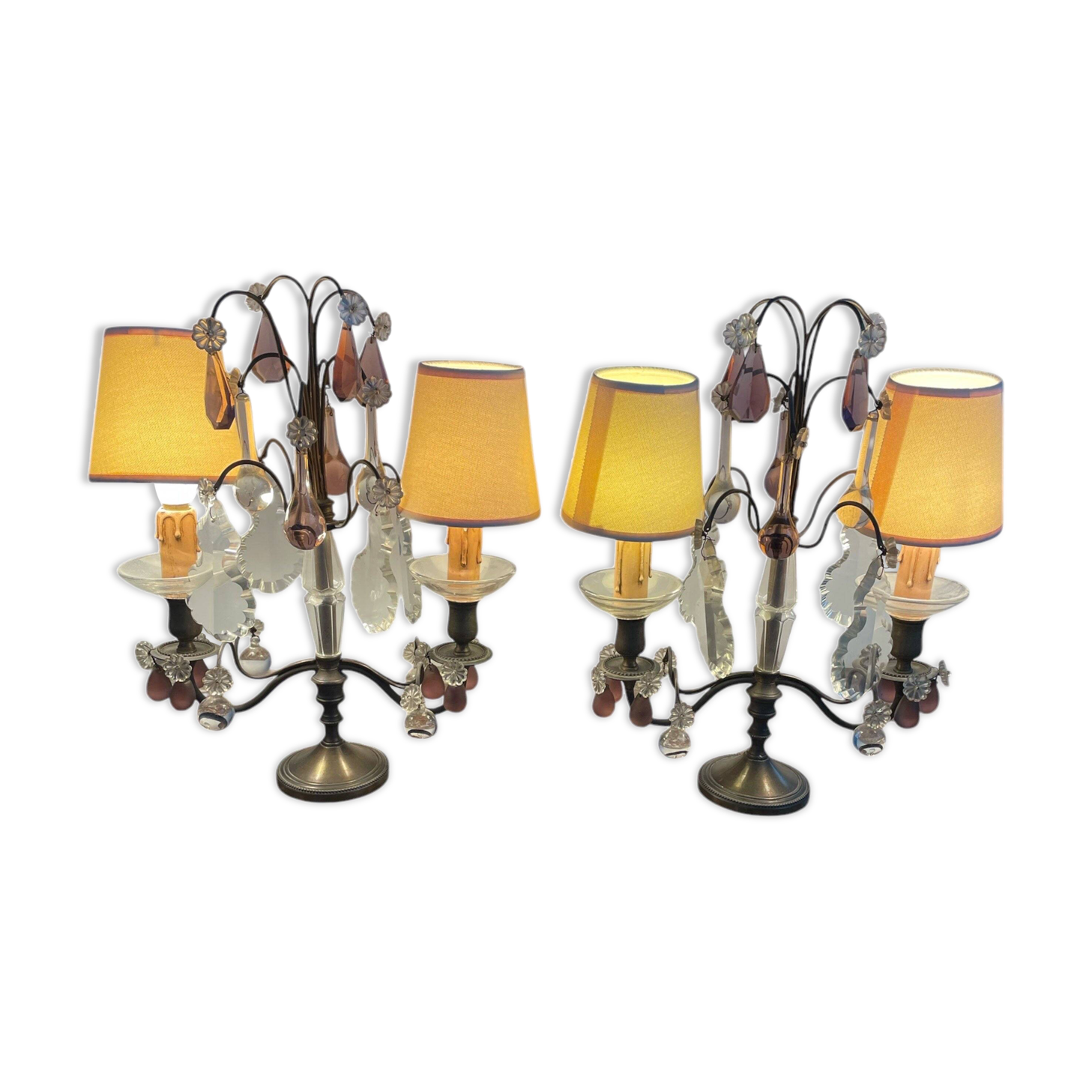 pair of chandeliers, lamp, silver-plated metal, crystal, tassels, florets, pendant, rosettes