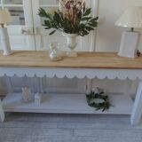 Console with pearl grey patinated base, oak top.