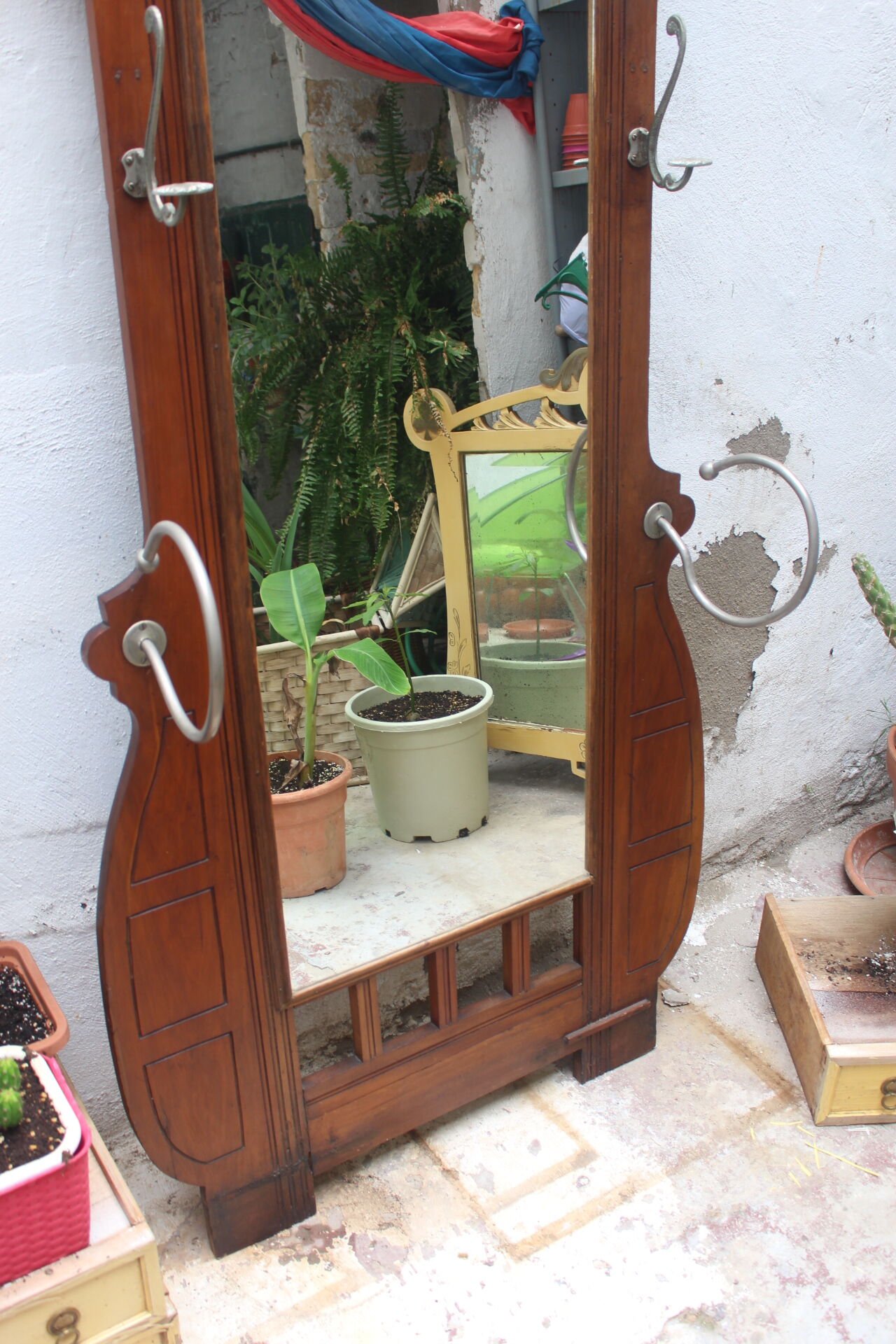 Art nouveau entrance cherry tree wood coat rack with mirror 1890s