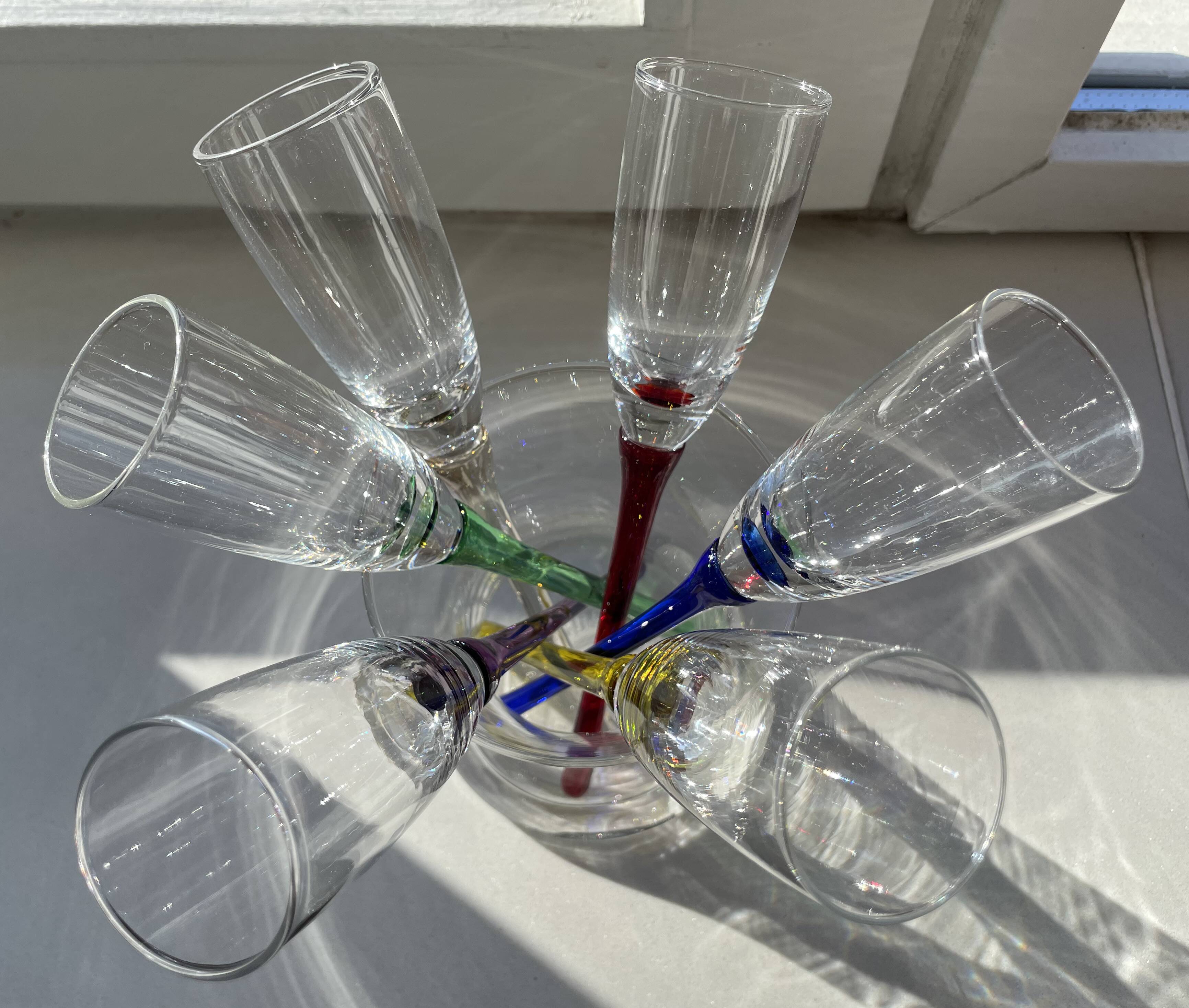 Set of 6 Vintage Champagne Flutes with Stand, German Handblown Glass