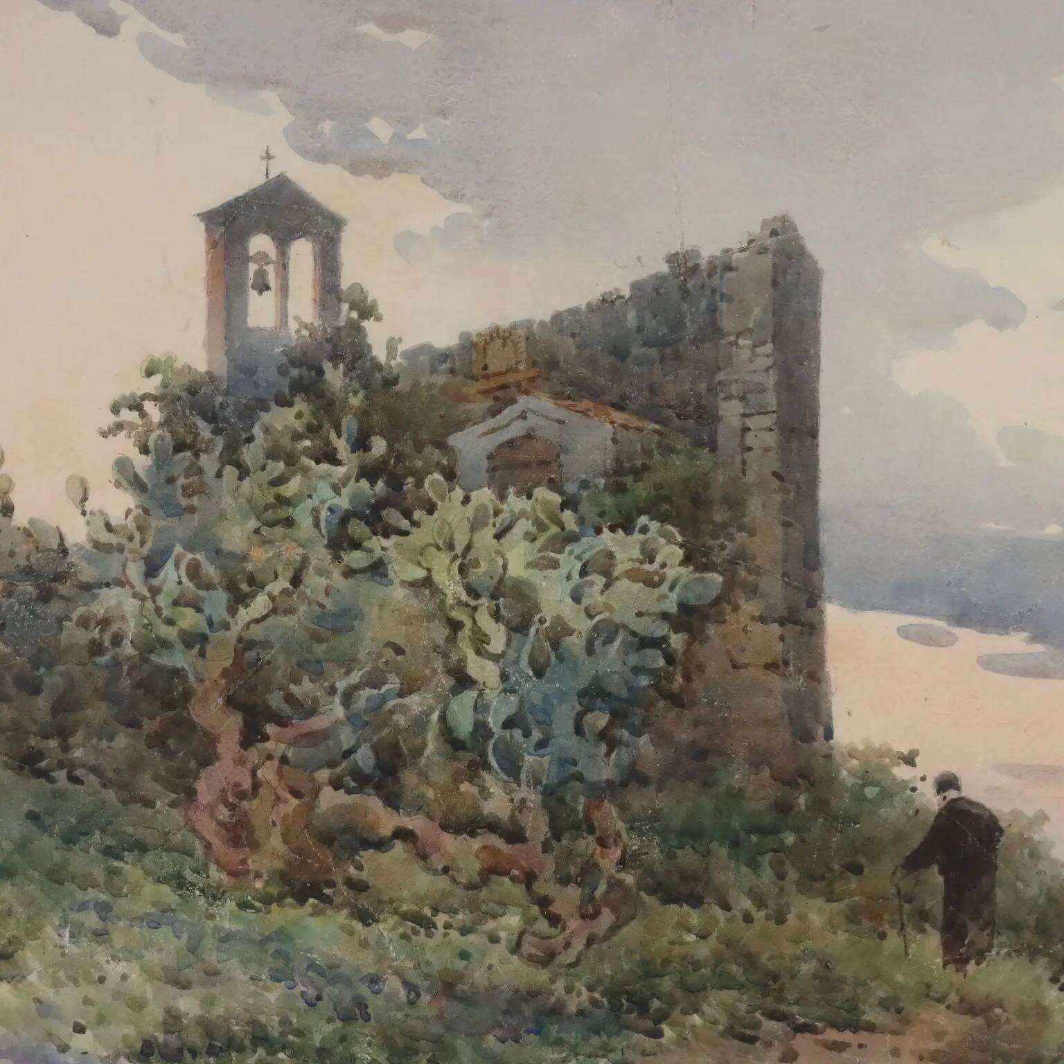 Old painting signed Angelos Giallinas, watercolour on paper from the 1800s.