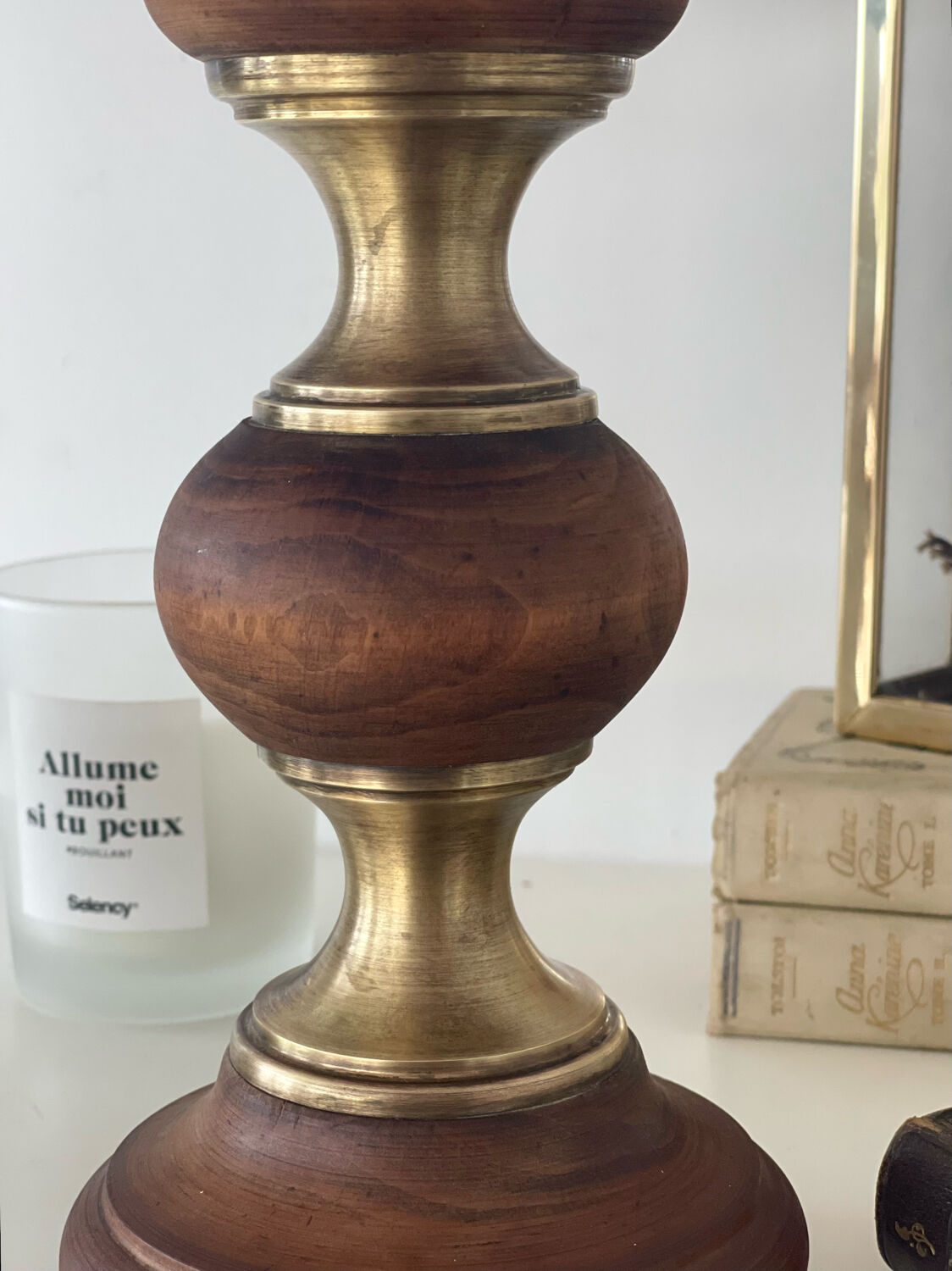Wood and brass candle holder 1970