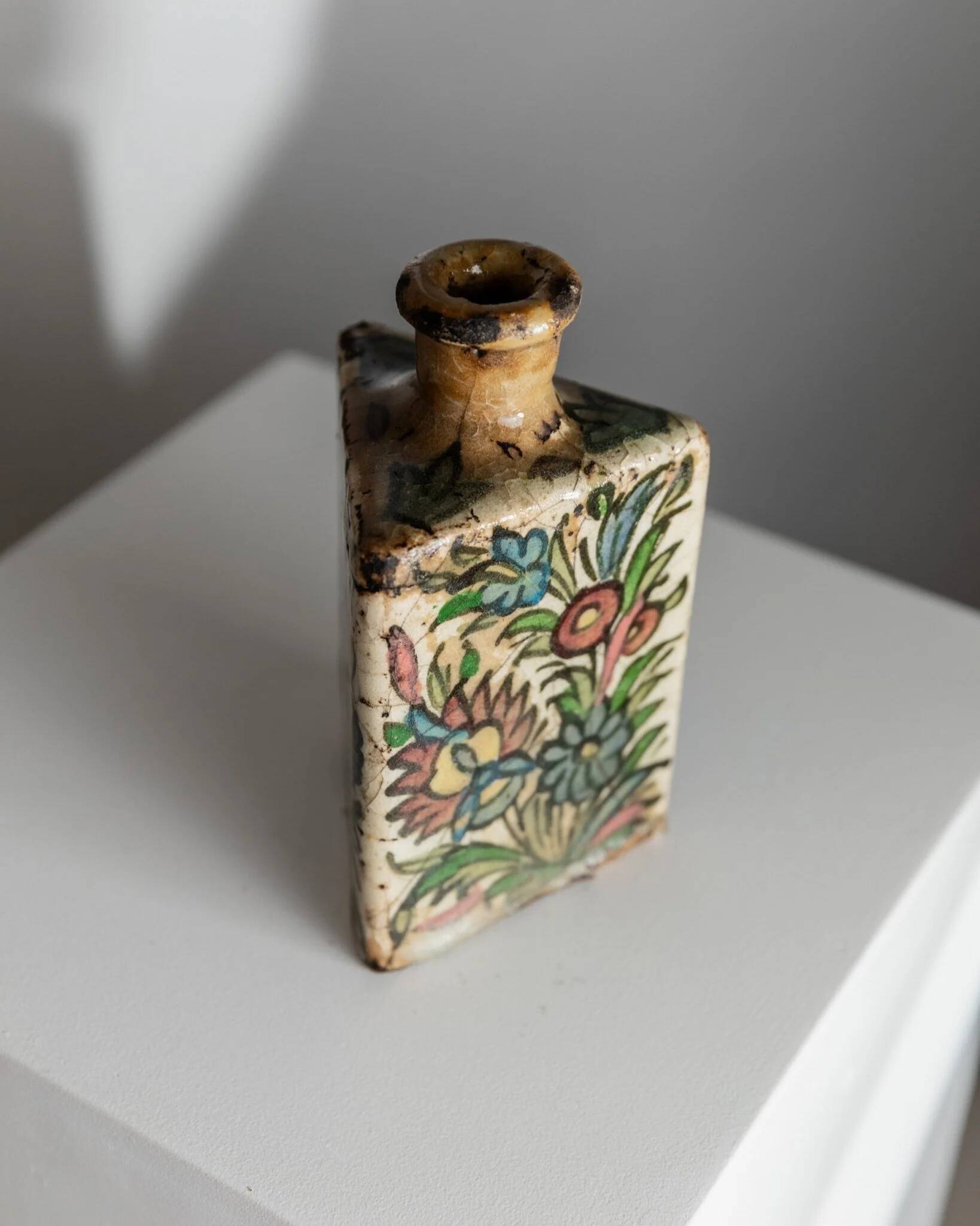 Multicolored Terracotta Bottle from Qajar Dynasty Iran, 19th Century – Hand-Painted, Unique Decorative Piece