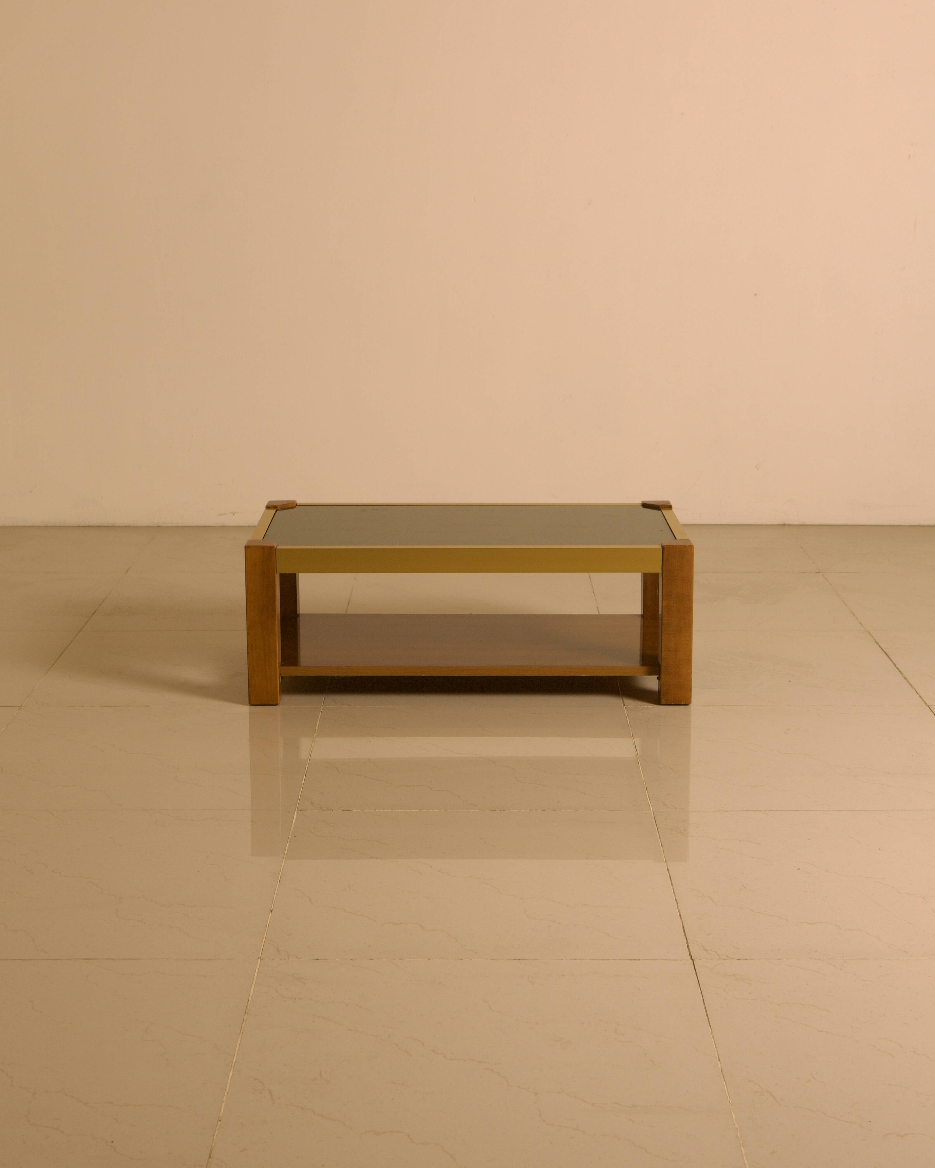Rectangular Italian coffee table in wood and gold metal from the 70s.